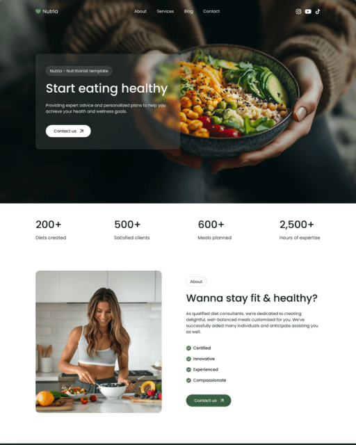 Nutria Framer template preview showing hero and about section