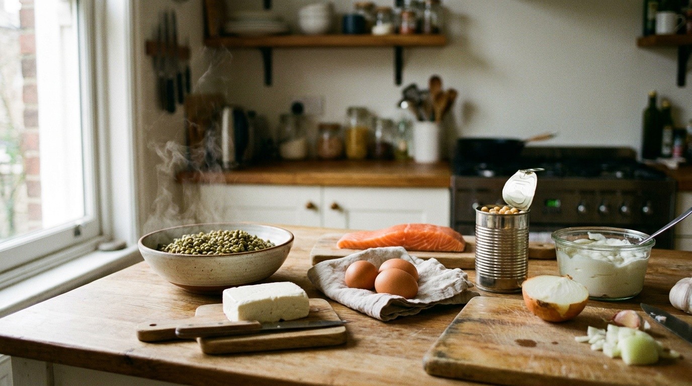 High-protein home-cooked meal bowl with eggs, paneer, lentils, beans, salmon, yogurt, spices, and fresh herbs on a warm kitchen countertop.