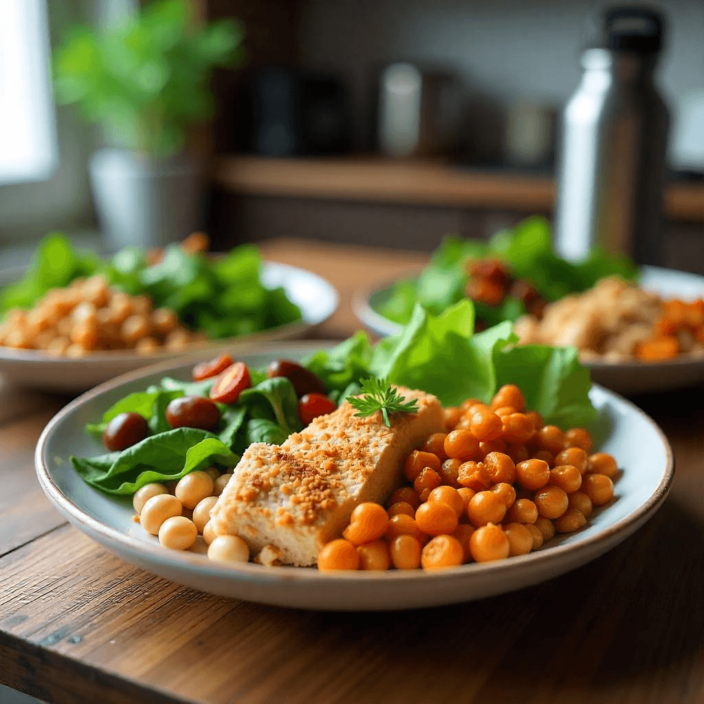 image of a healthy vegetarian meal high in protein — featuring foods like lentils, tofu, quinoa, beans, chickpeas, and leafy greens arranged neatly on a wooden table.