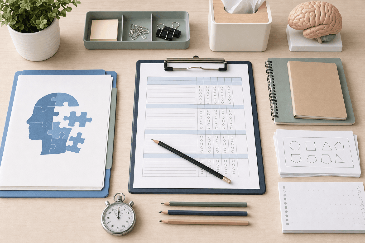 Professional clinical assessment workspace showing ADHD evaluation materials: rating scale forms on clipboard, pencils, stopwatch for timed tasks, and organized assessment documents on a clean desk, soft natural lighting, medical office setting, top-down view