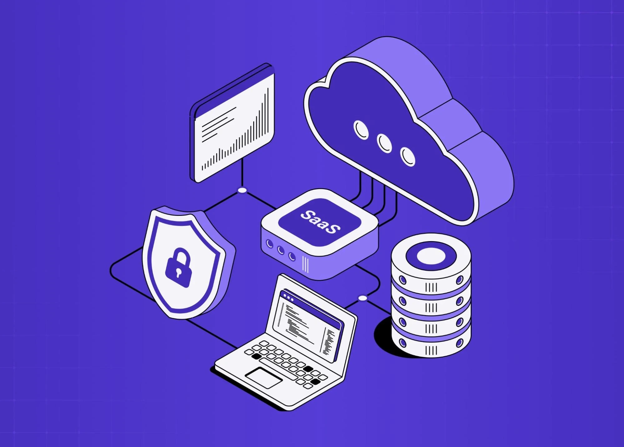 Isometric illustration of a SaaS ecosystem featuring cloud storage, security shield, server stack, laptop, and connected digital infrastructure.
