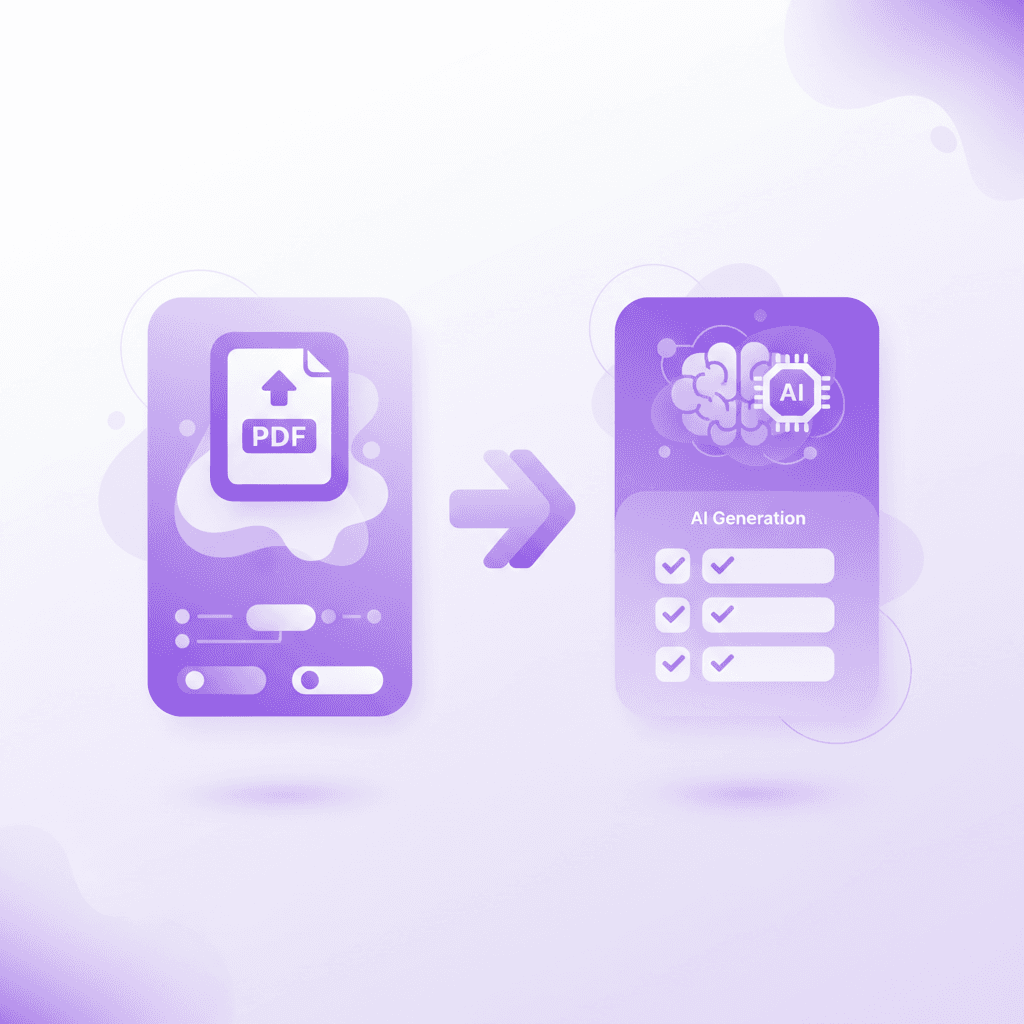 Penseum dashboard showing a user uploading a PDF syllabus on one side, and the AI generating a customized multiple-choice quiz on the other
