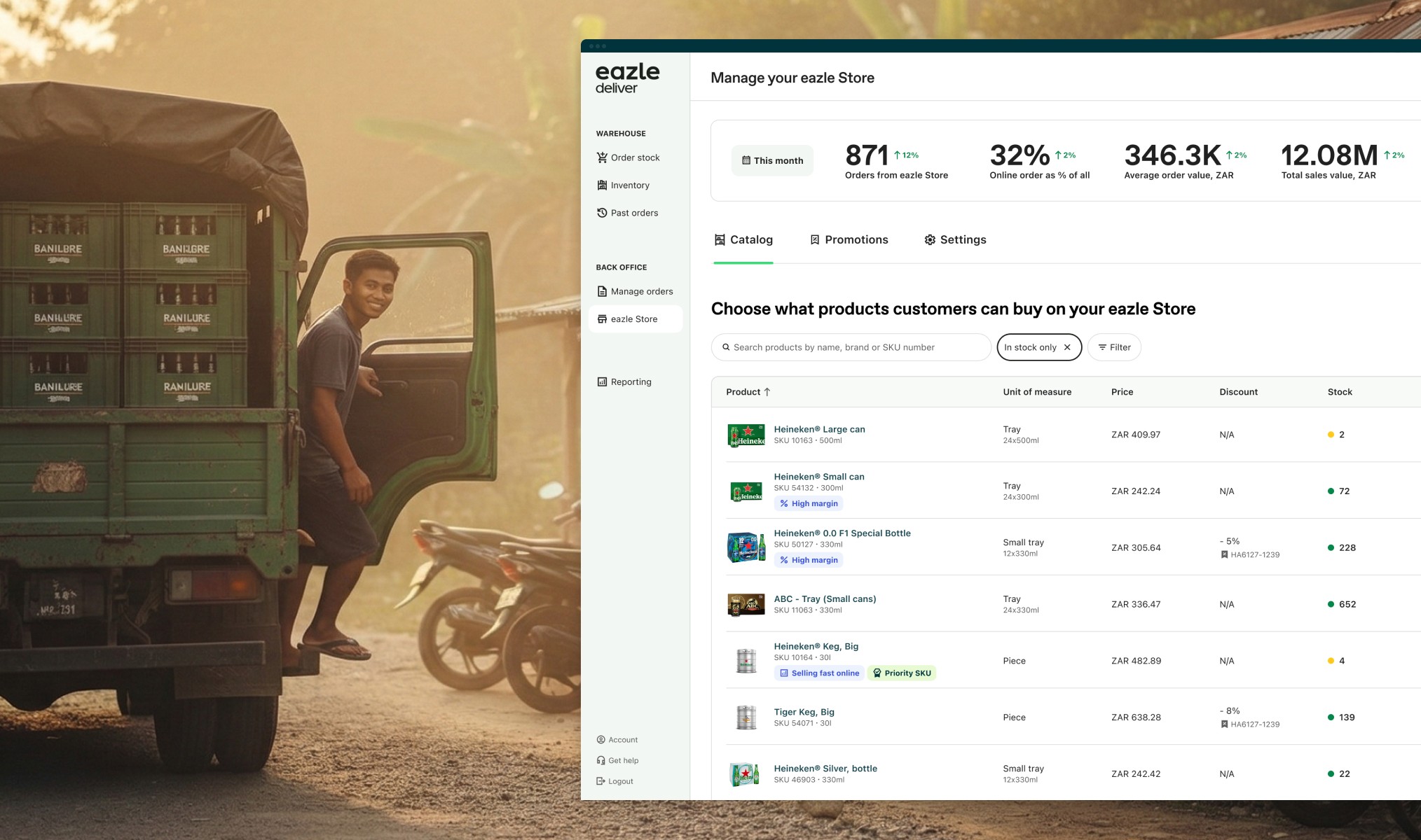 A delivery truck loaded with crates in an emerging market, overlaid with a screenshot of the eazle Deliver distributor dashboard showing order metrics and product catalogue.