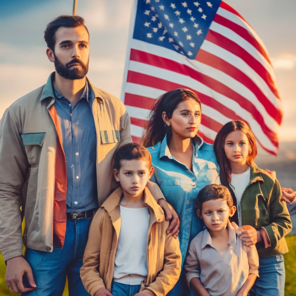 Happy immigrant family holding U.S. flags, symbolizing their journey to becoming permanent residents.