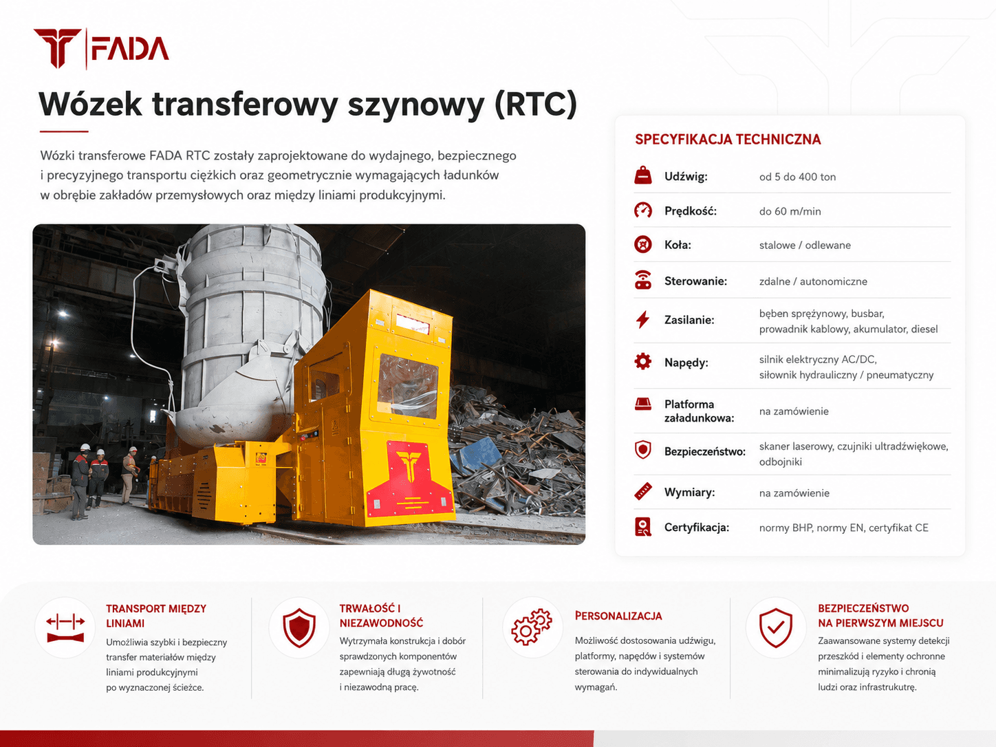 Szynowy wózek transferowy FADA RTC do transportu ciężkich komponentów pomiędzy liniami produkcyjnymi.