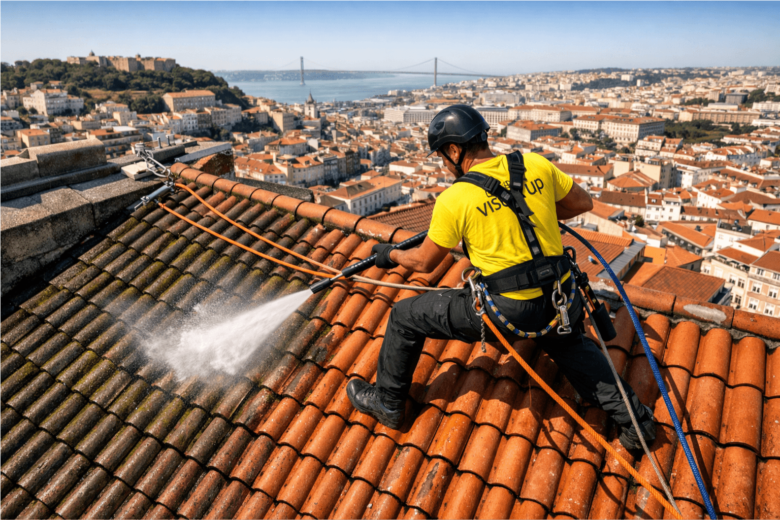 Homem lavando telhado com cidade de lisboa de fundo