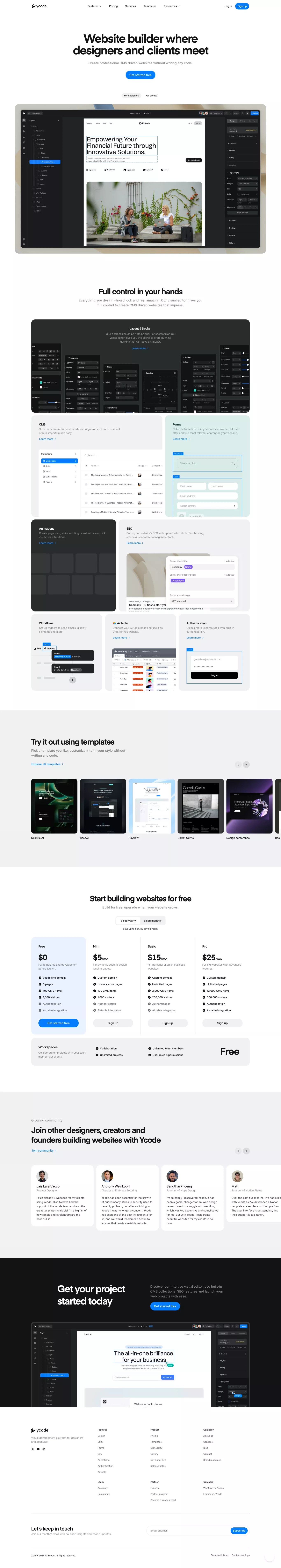 Ycode: professional websites with no-cod landing page screenshot showcasing Design and Tech design