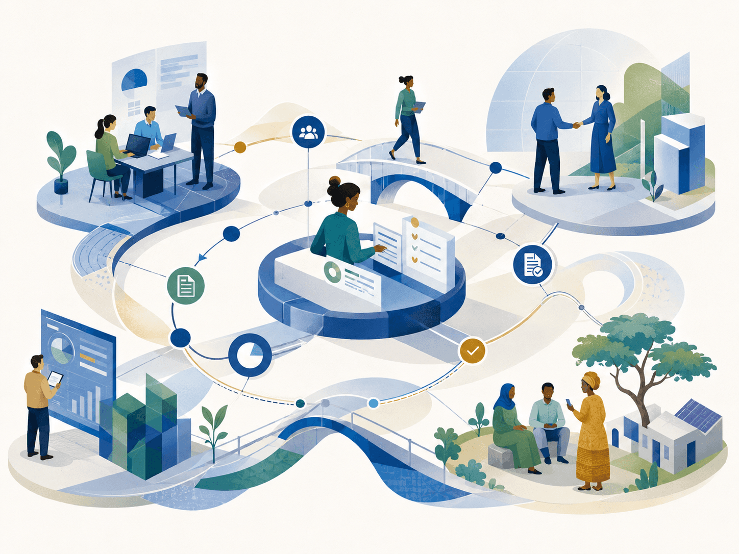Technical illustration of connected workflows, reporting systems and coordinated teams.