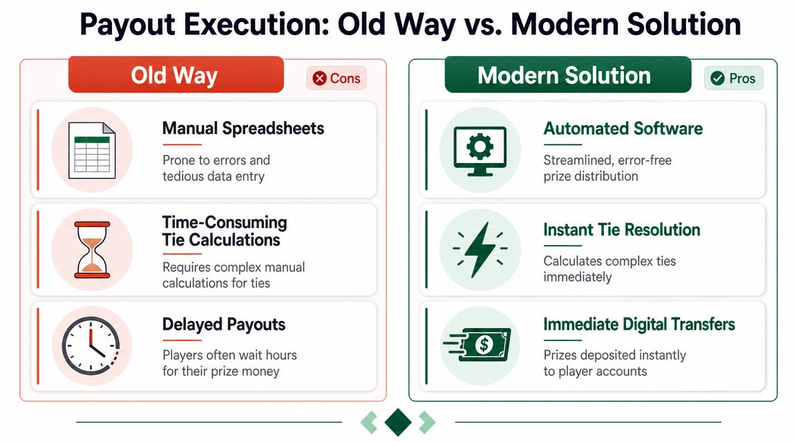 A comparison chart showing the old way of manual golf tournament payouts versus modern automated solutions.