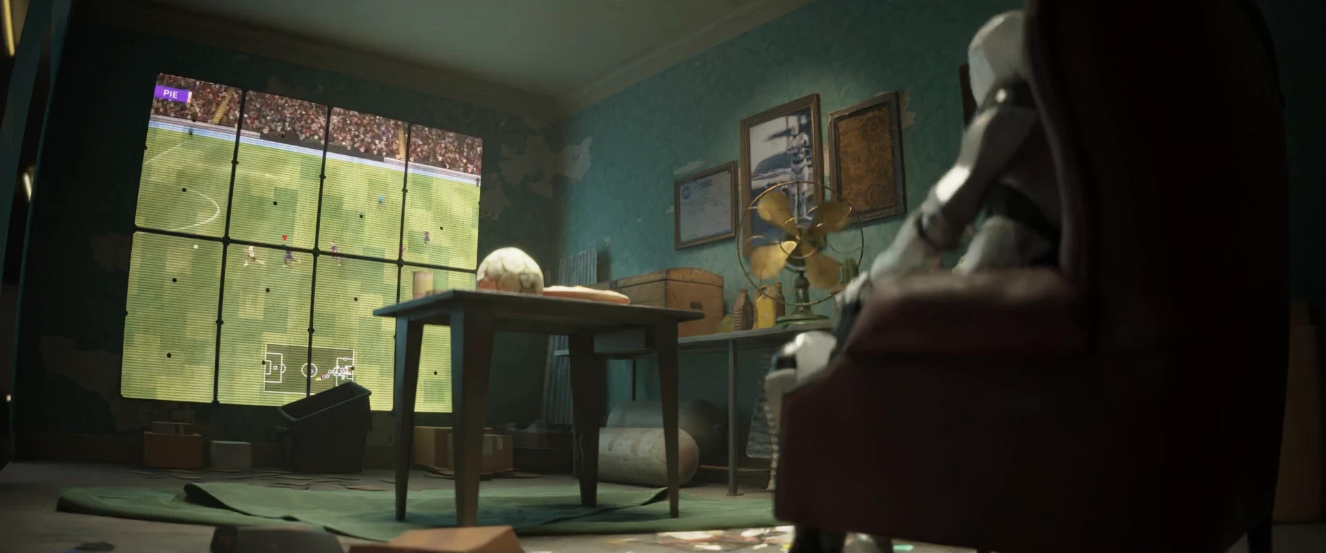 Wide view of the lived-in room and robot character