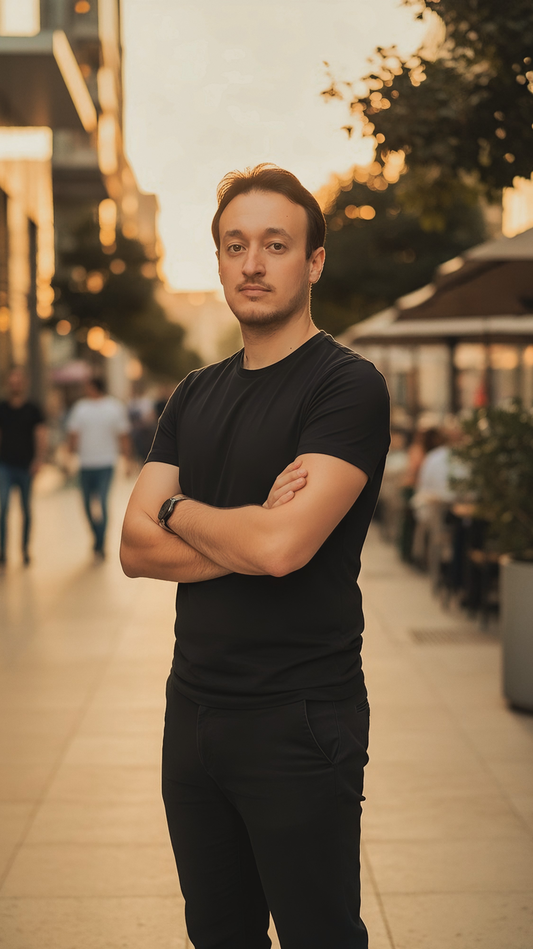 A professional photo of a man standing on a city street, with his arms crossed. He is a real estate photographer. He is wearing a black shirt, black pants, and a watch. The background shows blurred people walking and the warm glow of the setting sun. The photo is from the portfolio of Atelier La Pergola, a real estate photographer in Spain. This image is a great example of a professional and high-quality headshot for a business website.