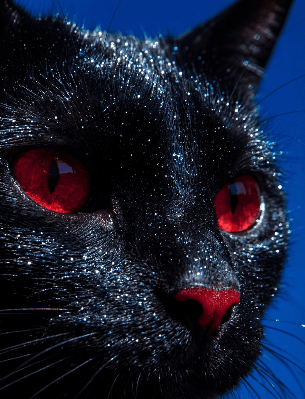 Close-up portrait of a black cat with vivid red eyes.