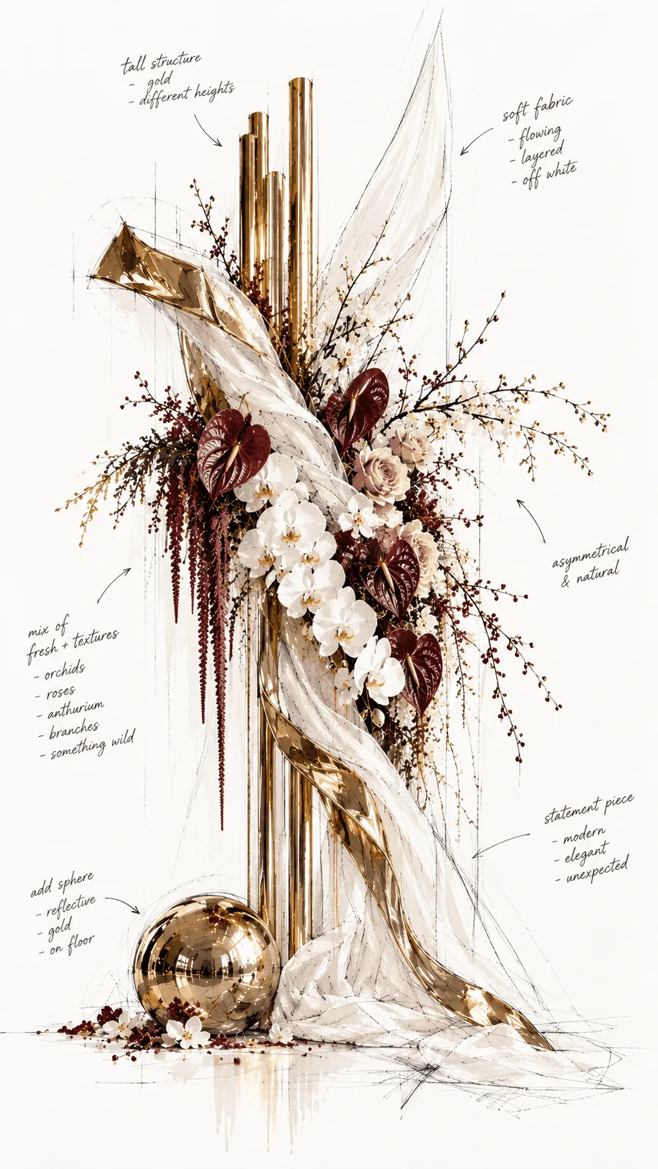 Sculptural floral installation with a gold pillar, draped silk and burgundy blooms