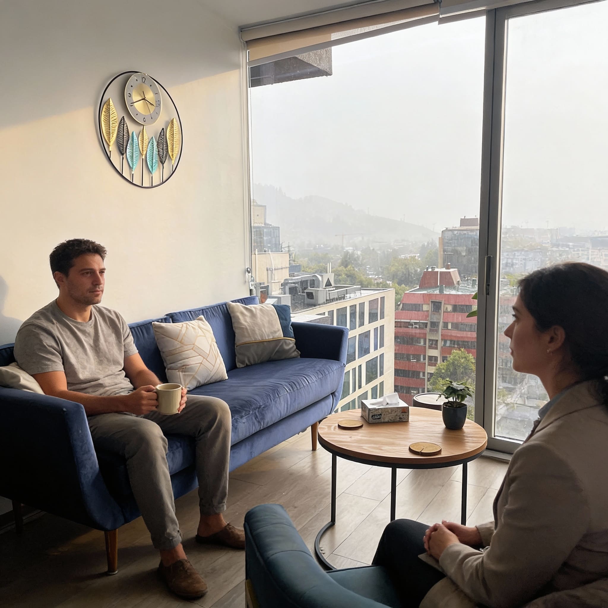 Paciente hombre conversando tranquilamente con café en mano durante sesión psicológica