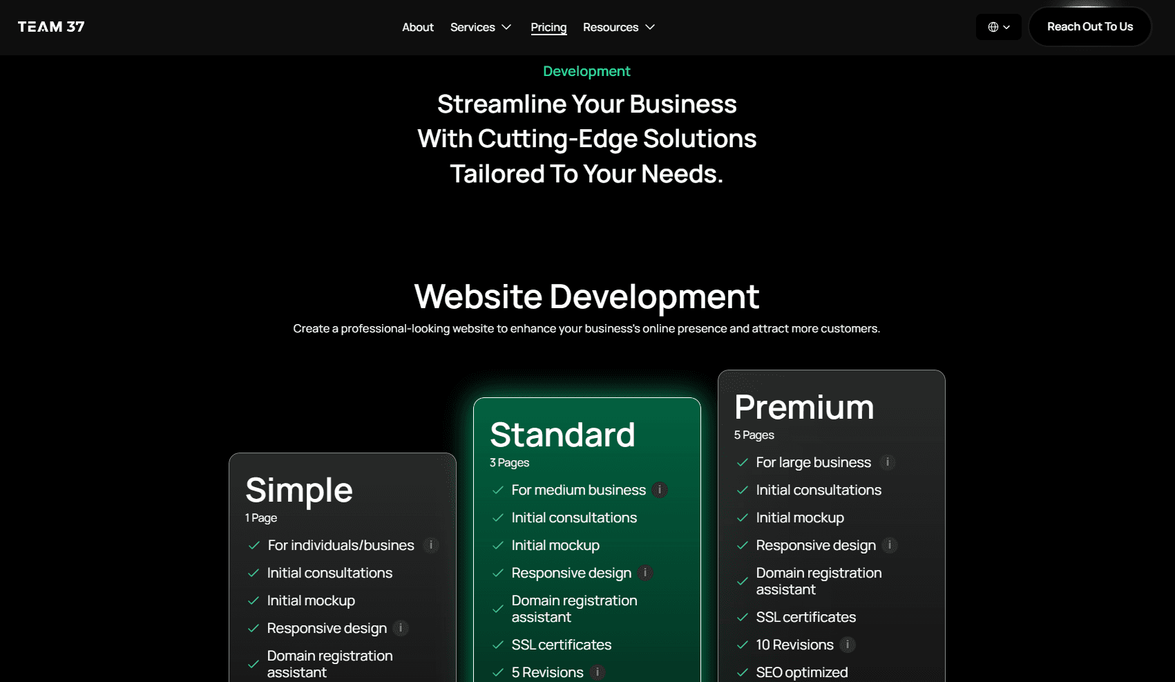 A Team 37 website development pricing table from simple, basic, and premium.