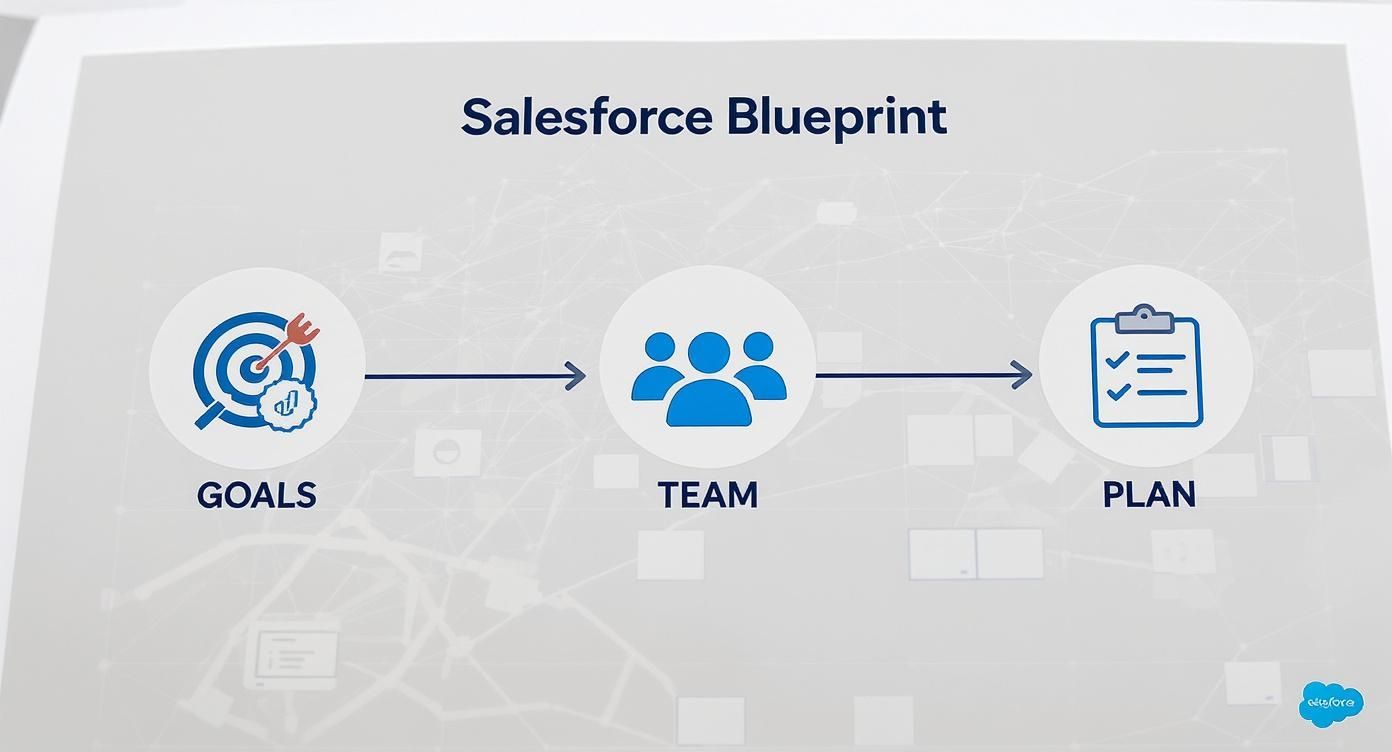 Salesforce Blueprint workflow diagram showing three stages: Goals with target icon, Team with people icons, and Plan with checklist