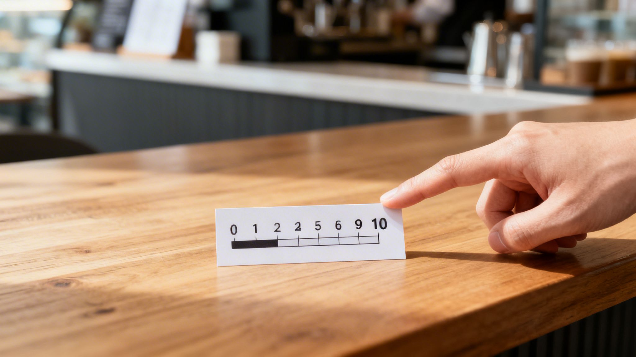 A hand points to a feedback card with a 0-10 rating scale on a wooden table.