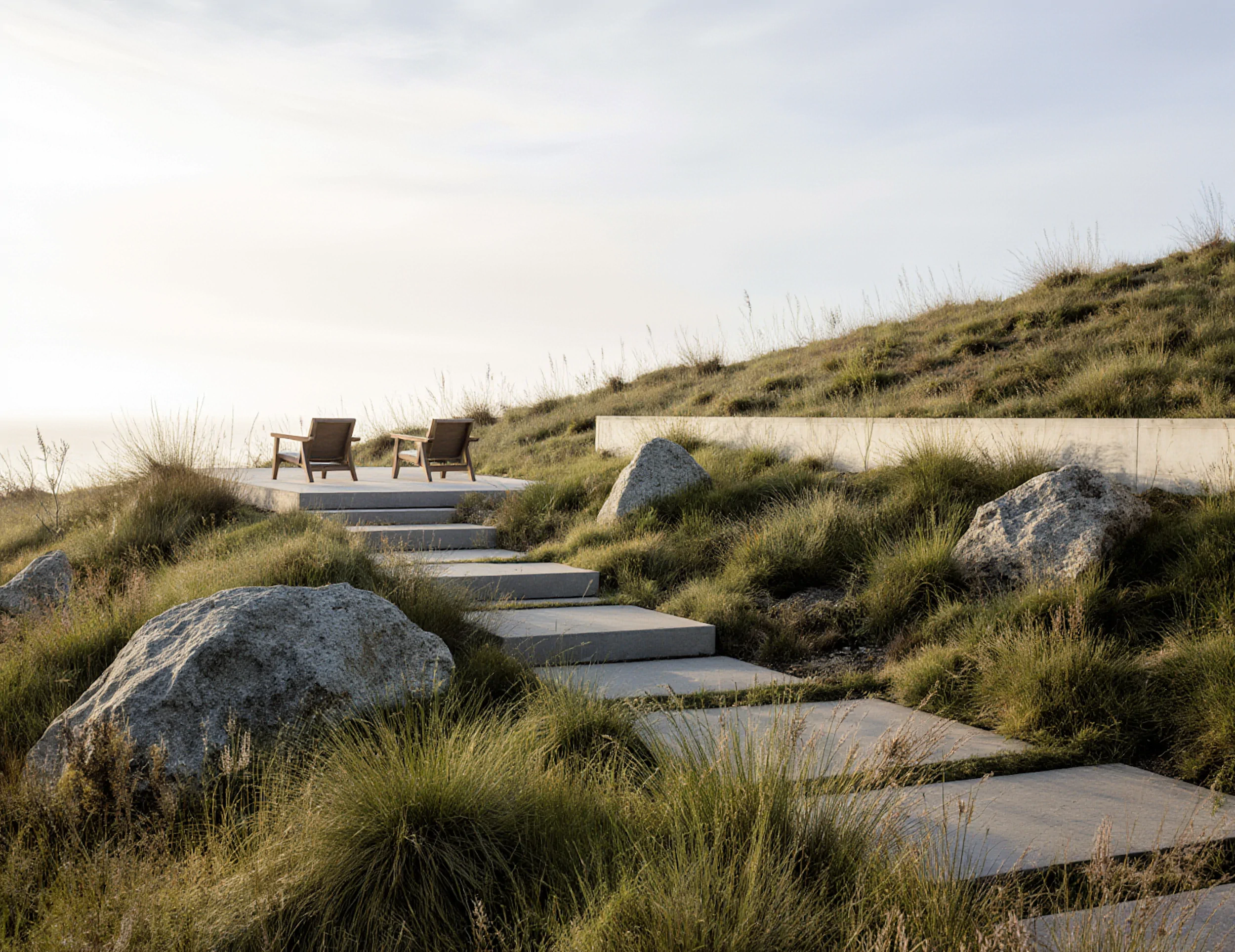 Hillside stone steps leading to two outdoor lounge chairs set within windswept grasses overlooking a distant coastal horizon.