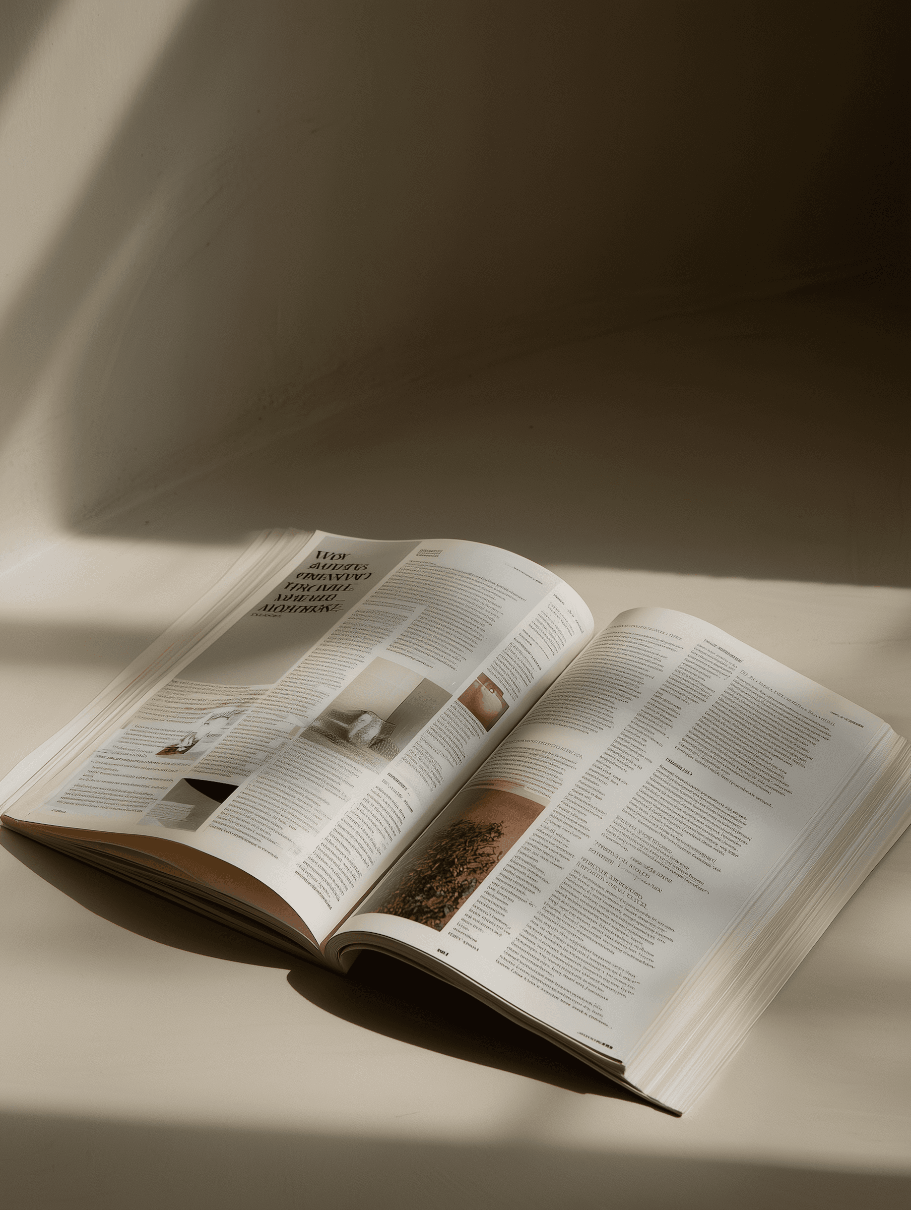 Open book with text and images, lit by sunlight.