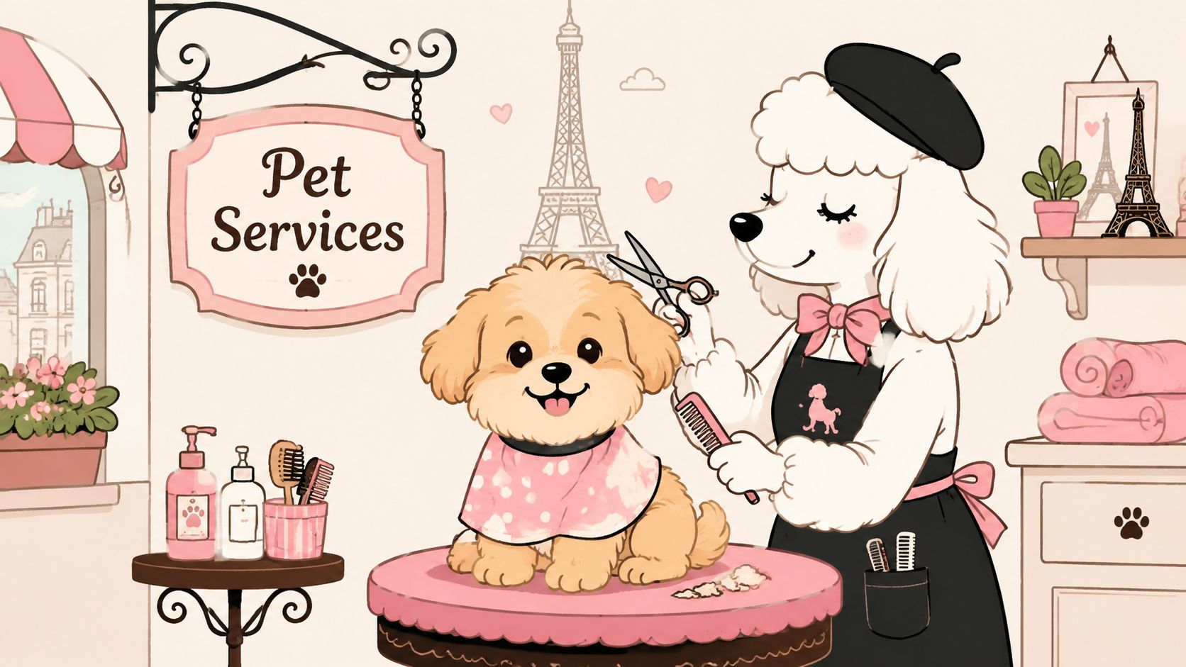 A cute poodle groomer trimming a small puppy in a charming Paris-themed pet salon.