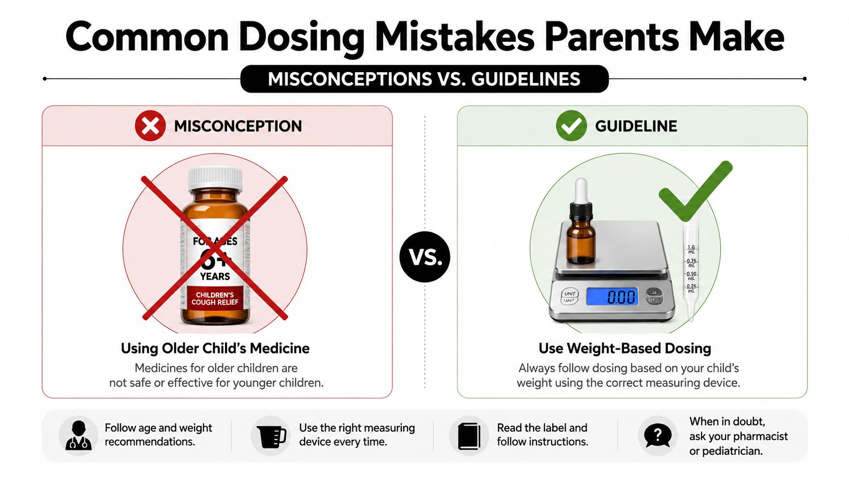 A graphic comparing safe versus unsafe pediatric medication practices, highlighting weight-based dosing over age-based assumptions.