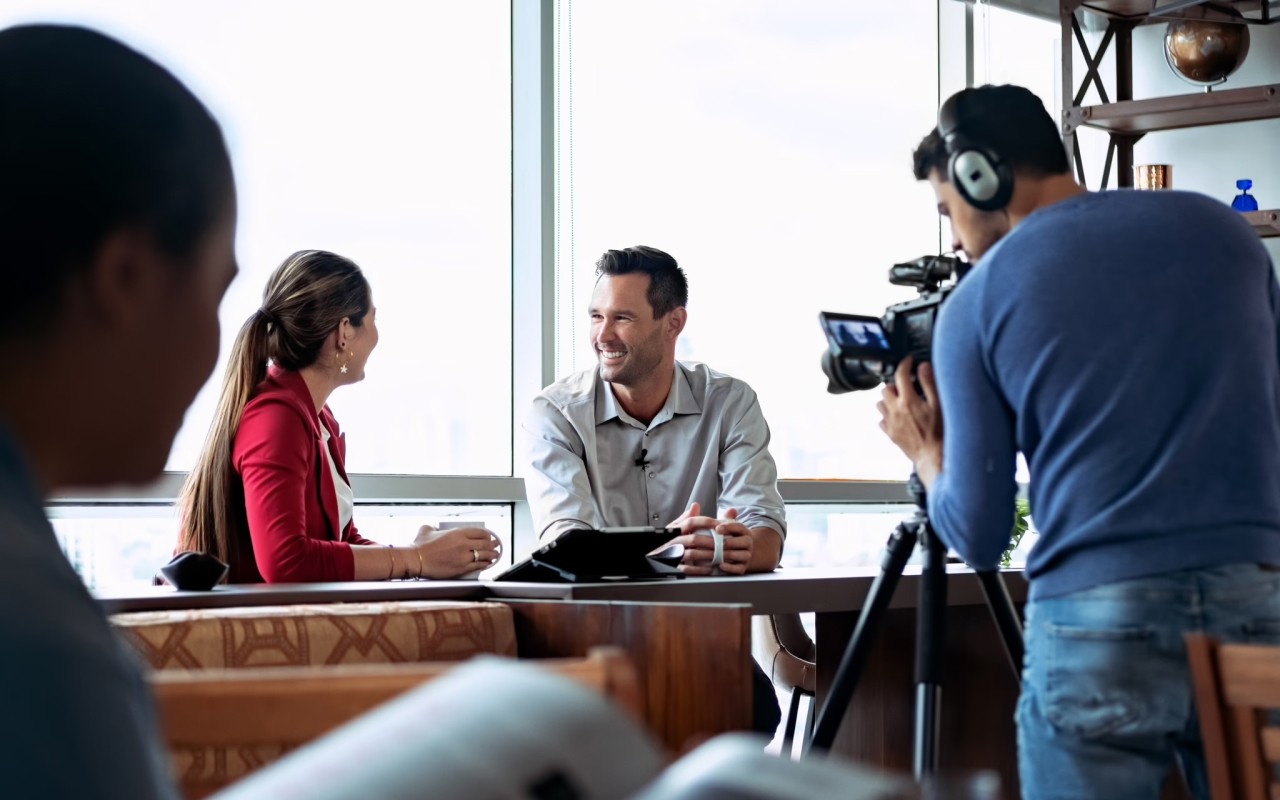 An investor update being filmed.