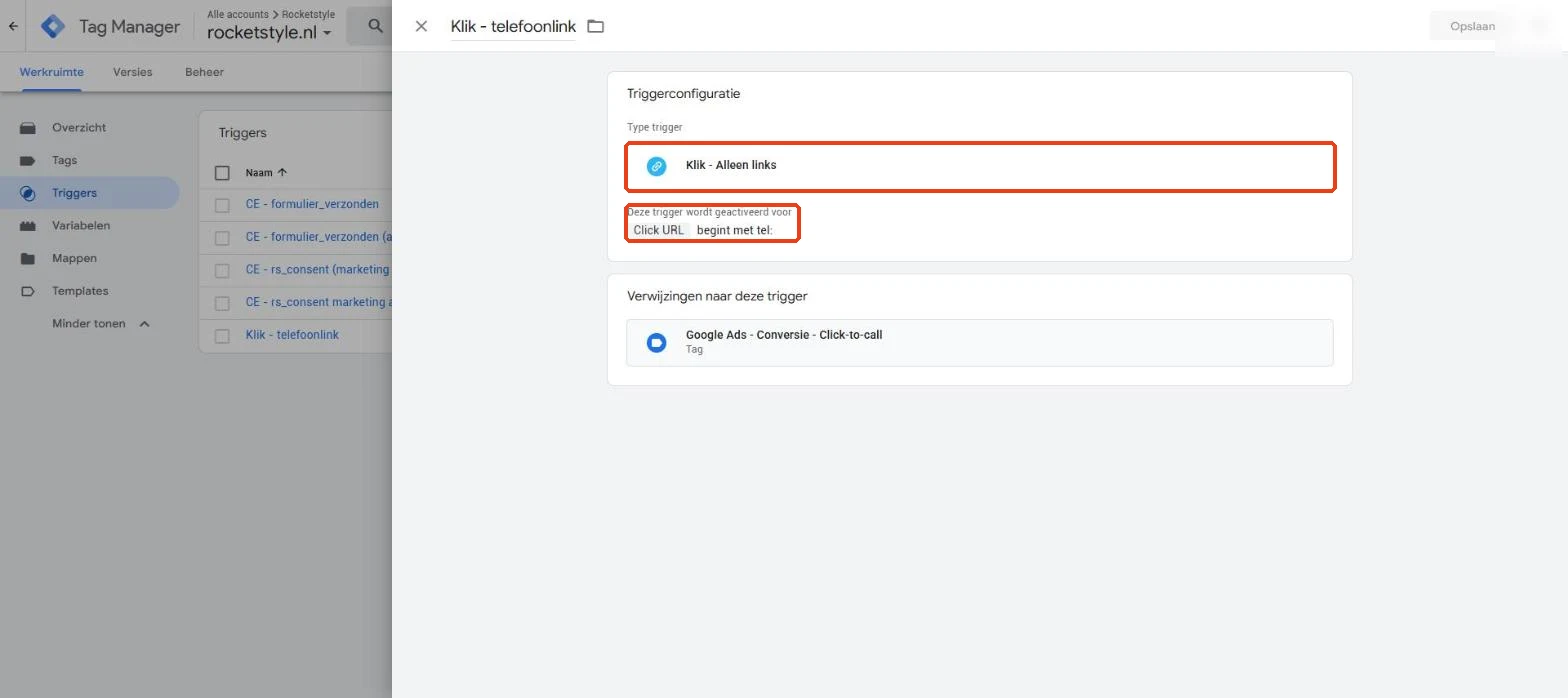 Tag Manager: trigger Klik - Alleen links met Click URL begint met tel: