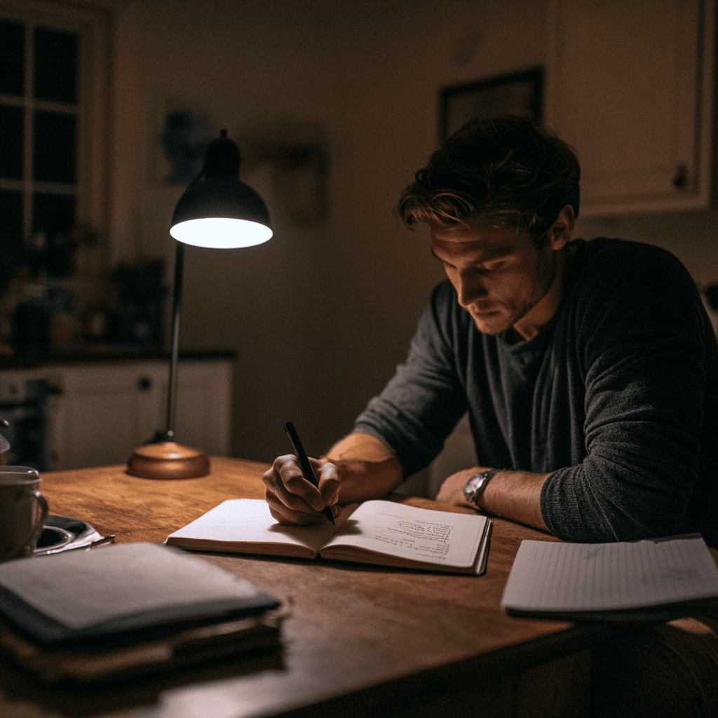 A man writing a short evening review in a notebook at a kitchen table at night