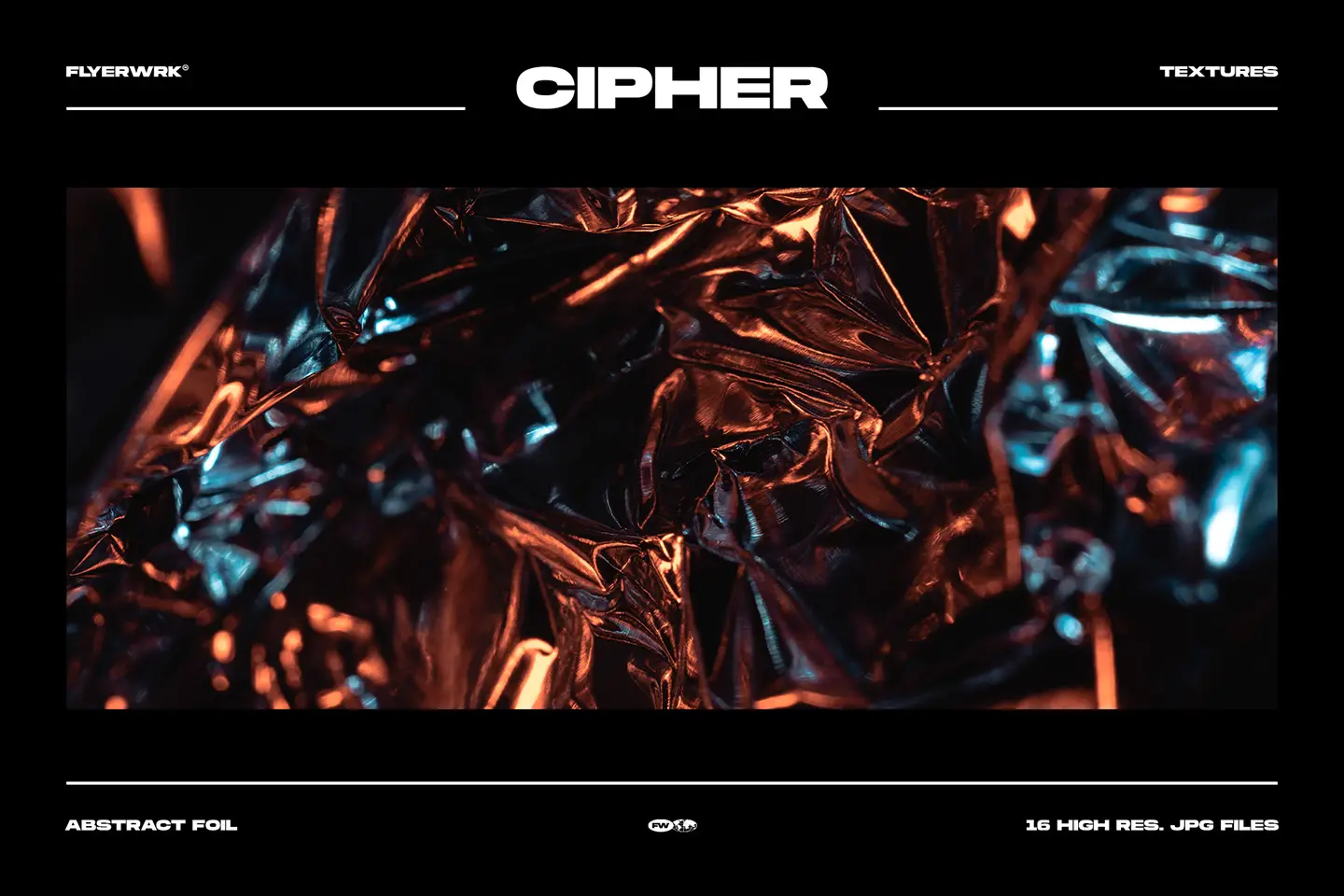 Cipher abstract foil texture high resolution dark chrome folds with orange light leaks and metallic grain