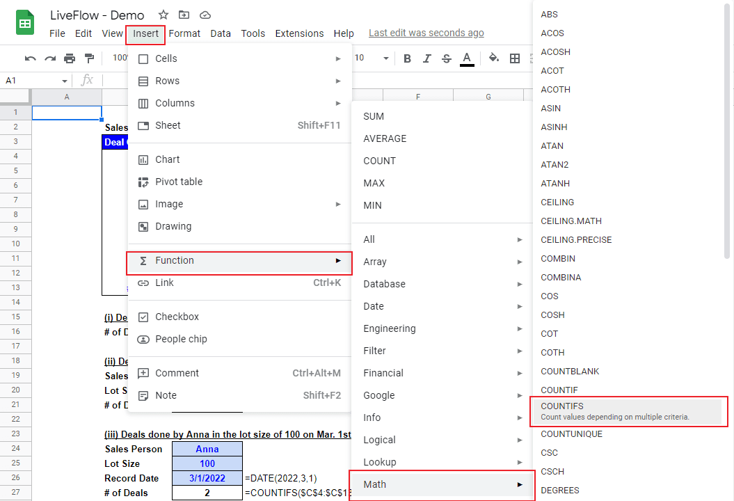 Insert the COUNTIFS function from the menu bar