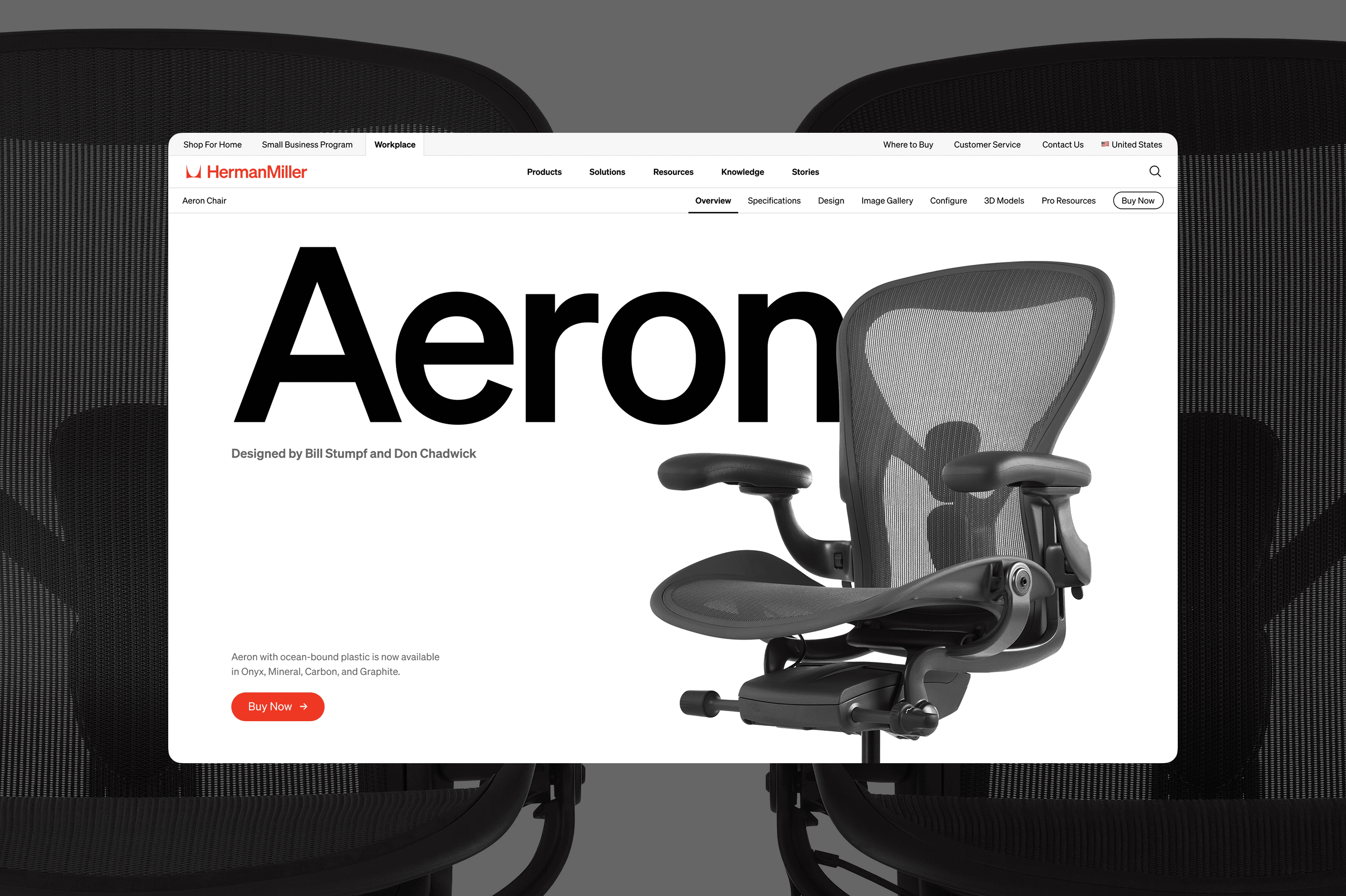 A screenshot of a web page with the word Aeron as large text, and the image of the chair beside it on the left, against a dark background
