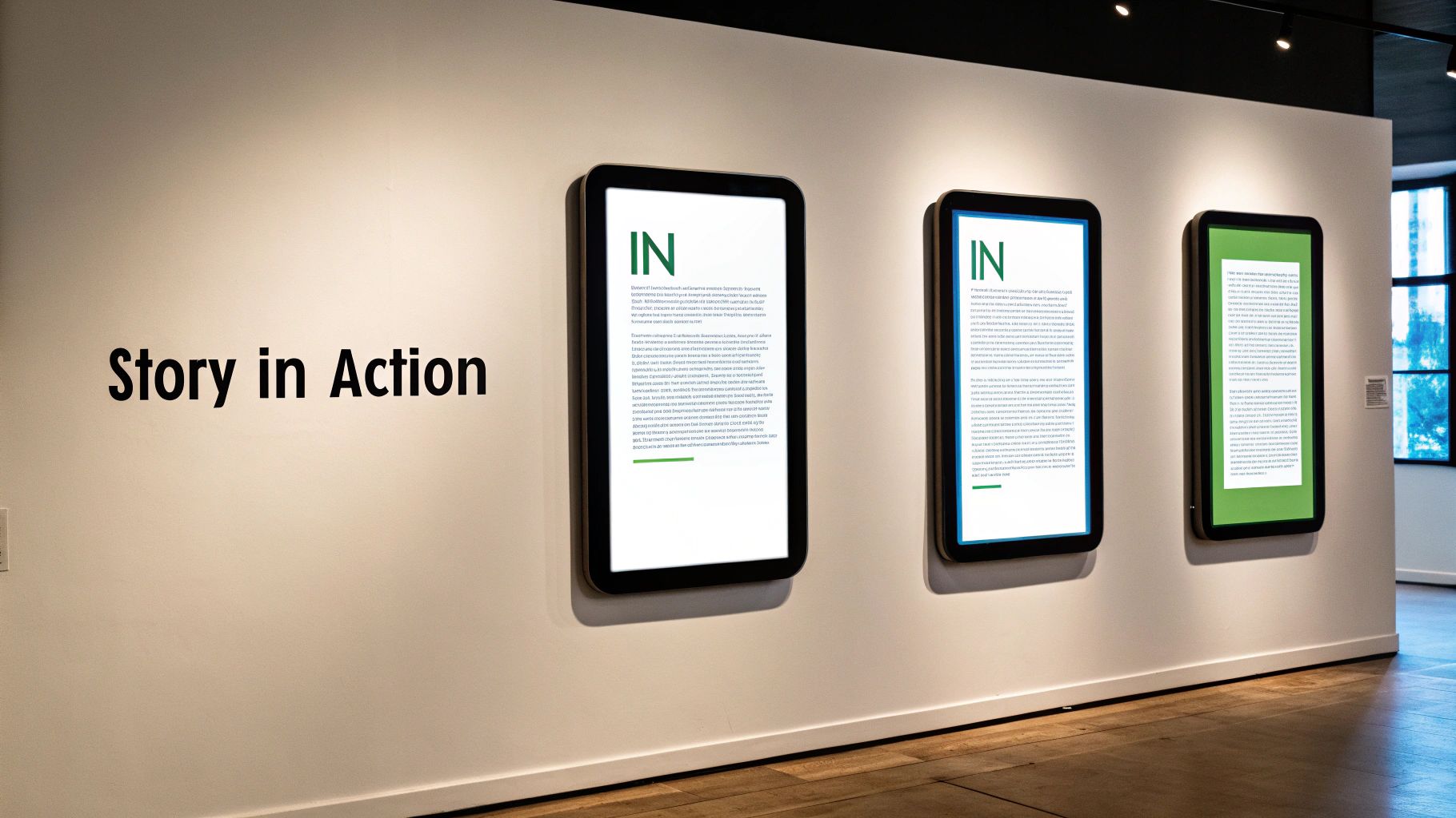 Three digital screens display text and 'IN' on a white wall, with 'Story in Action' written beside them.