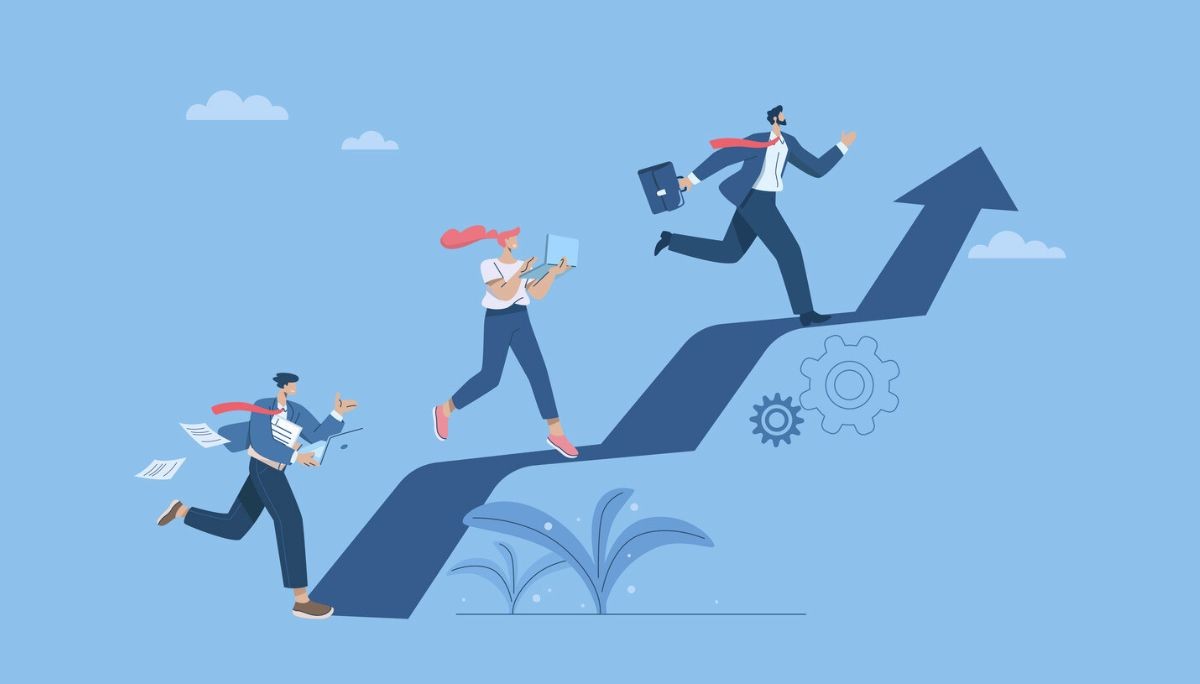 Illustration of a woman seated at a desk working on a computer, holding a paper while a large monitor behind her shows a rocket launch, surrounded by floating dollar signs, gears, paper airplanes, and a light bulb.