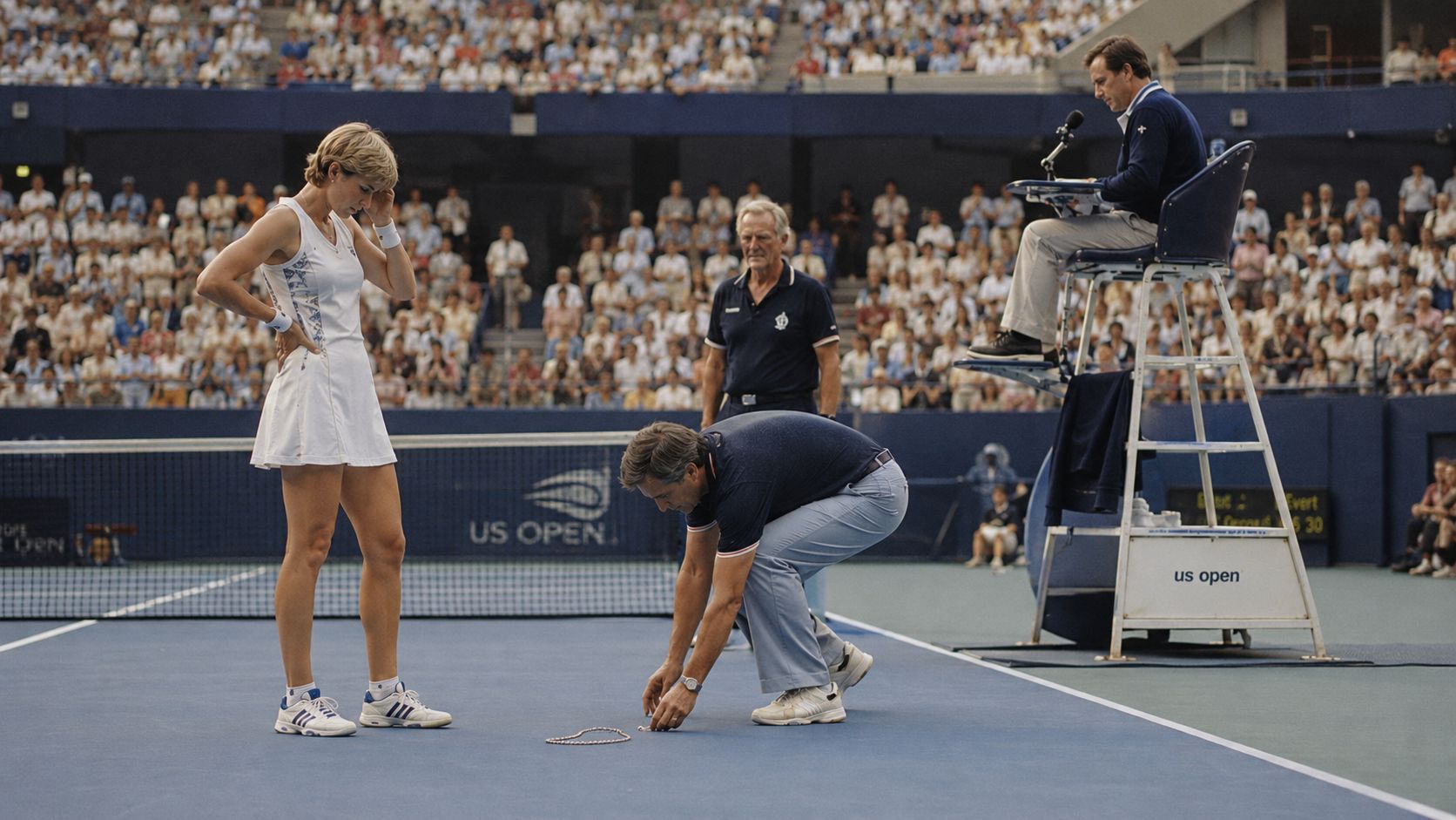 A tennis player watches as a tournament official inspects a necklace lying on the US Open court.