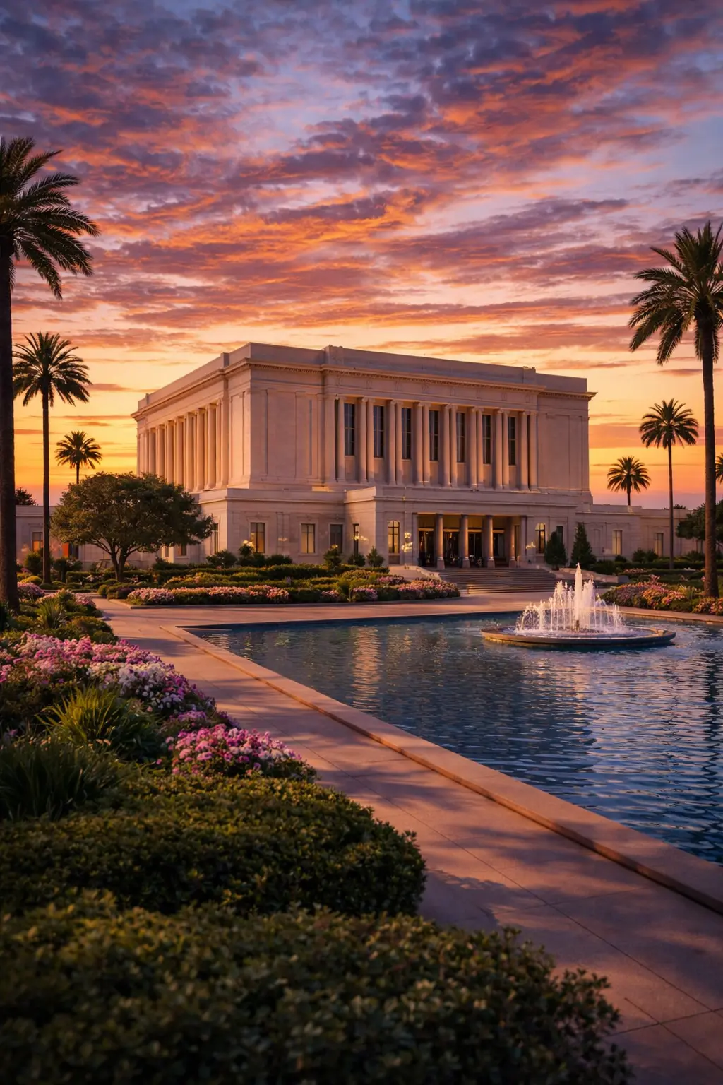 The Mesa Arizona Temple at sunset with reflective pools and palm trees.