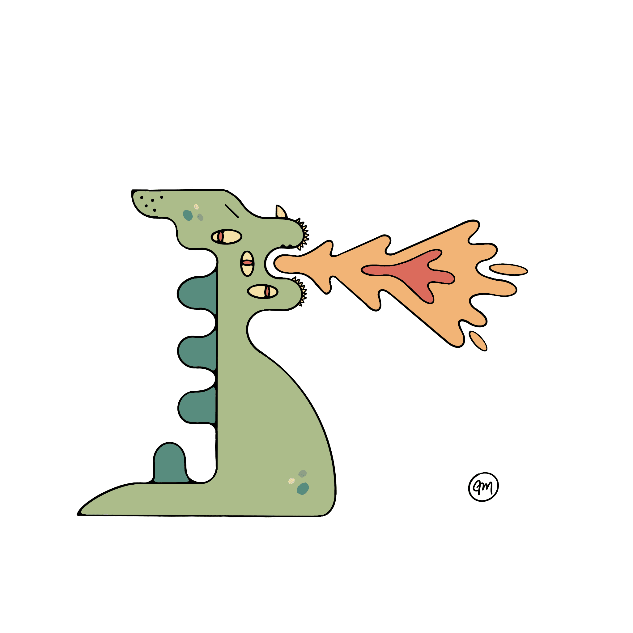 Doodle of a Godzilla-like figure blowing fire.