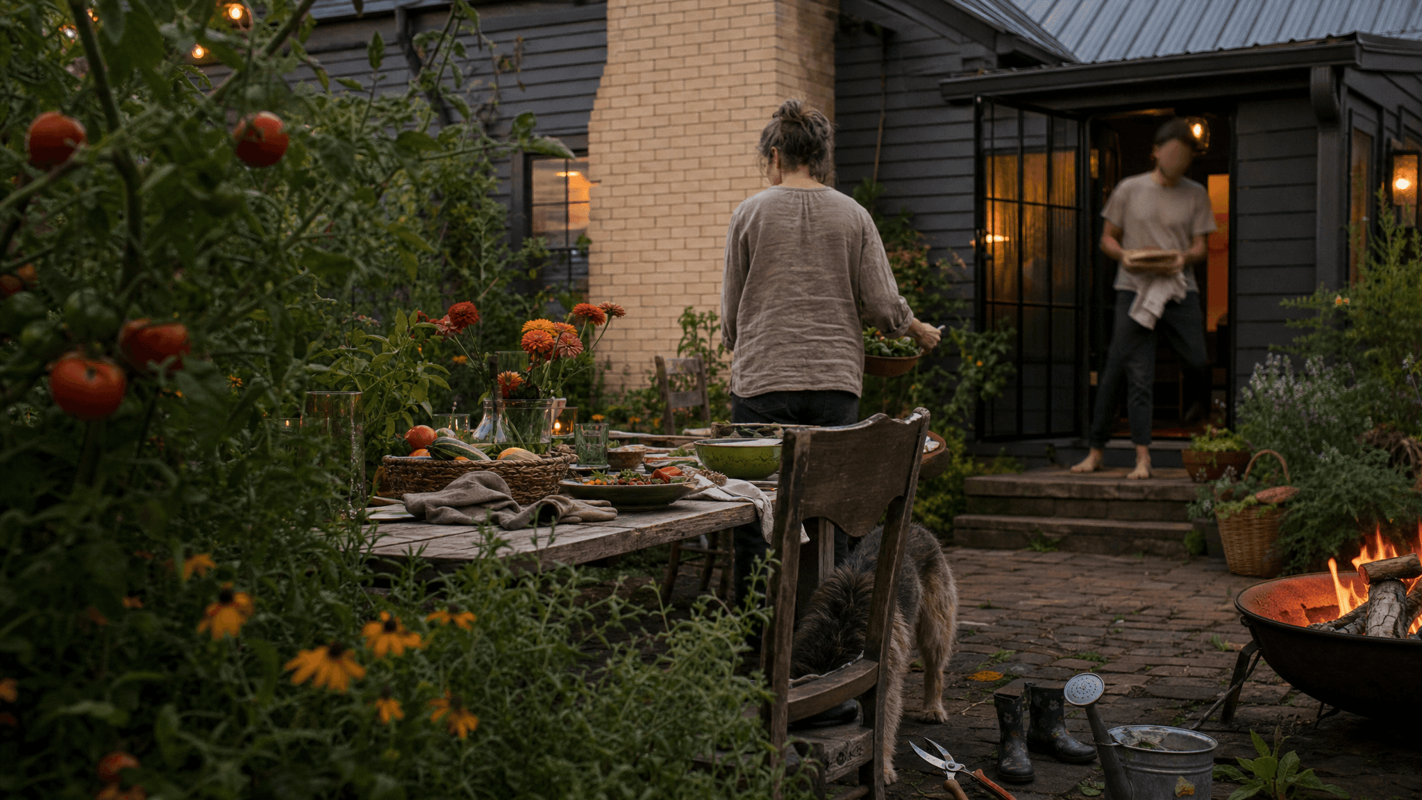 Planned project visualization of a compact Fort Smith garden terrace with edible planting, flowers, a dog, and people moving between the house and garden.