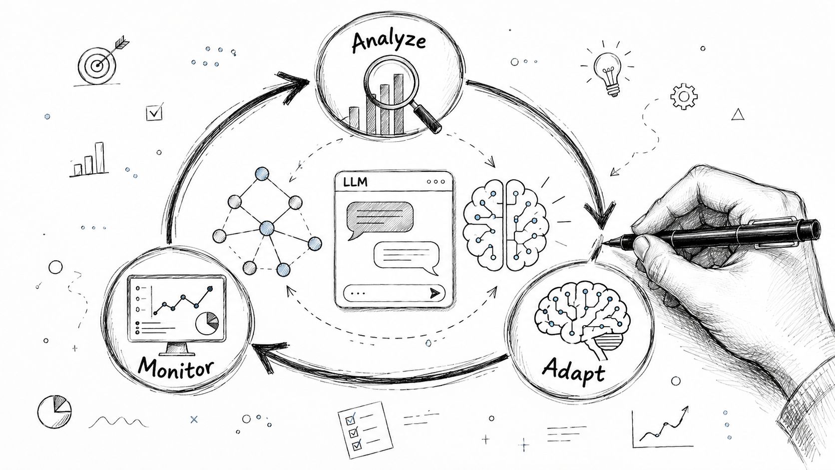 A hand-drawn sketch illustrating a cycle of analyzing, monitoring, and adapting LLM performance with diagrams.