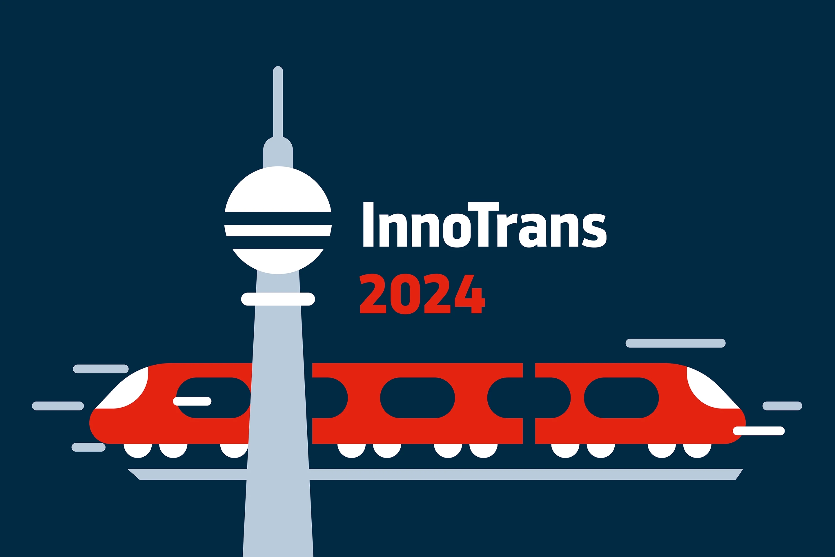 InnoTrans 2024 Illustration: stilisierte rote Züge und Berliner Fernsehturm auf dunkelblauem Hintergrund