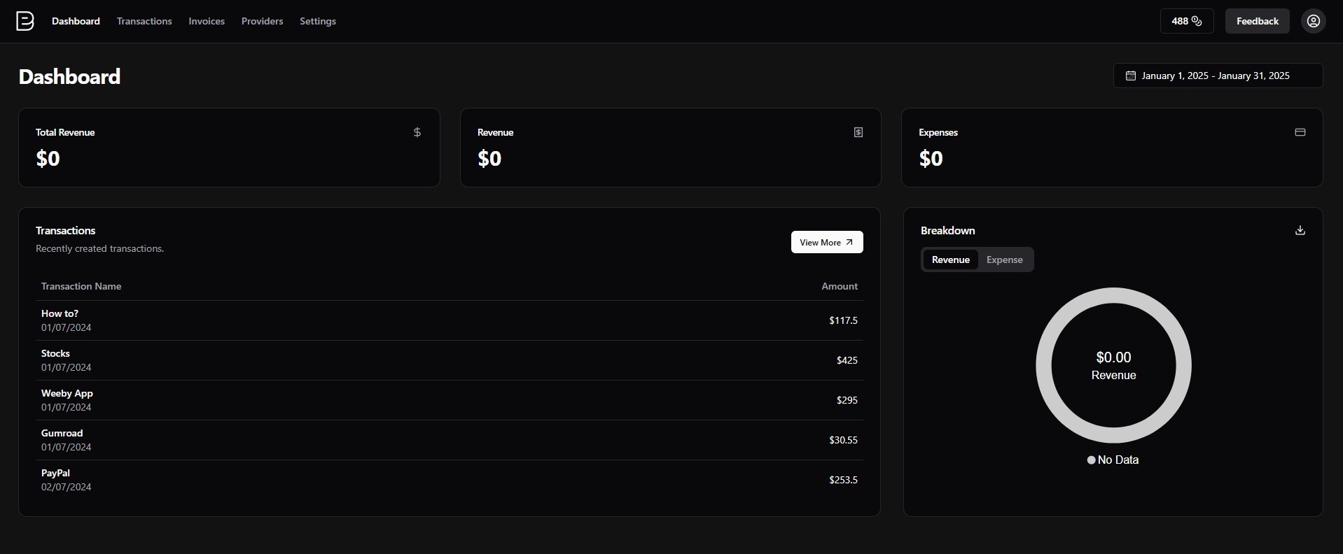 Booky dashboard, no data