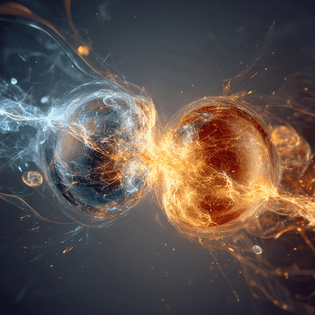 A cinematic, surreal image of two distinct energy forms one glowing with deep indigo and silver streaks, the other with warm gold and crimson spiraling toward one another in a slow-motion fusion at the center of the frame. As they collide, they create an explosion of vibrant, interlocking fractals, geometric light patterns, and organic elemental currents (like water meeting fire, or wind interlacing with light). The background is a soft cosmic void a stage for transformation as glowing tendrils of connection reach outward, forming a new radiant structure between them. The moment captures pure synergy, unseen alignment, and magnetic resonance.