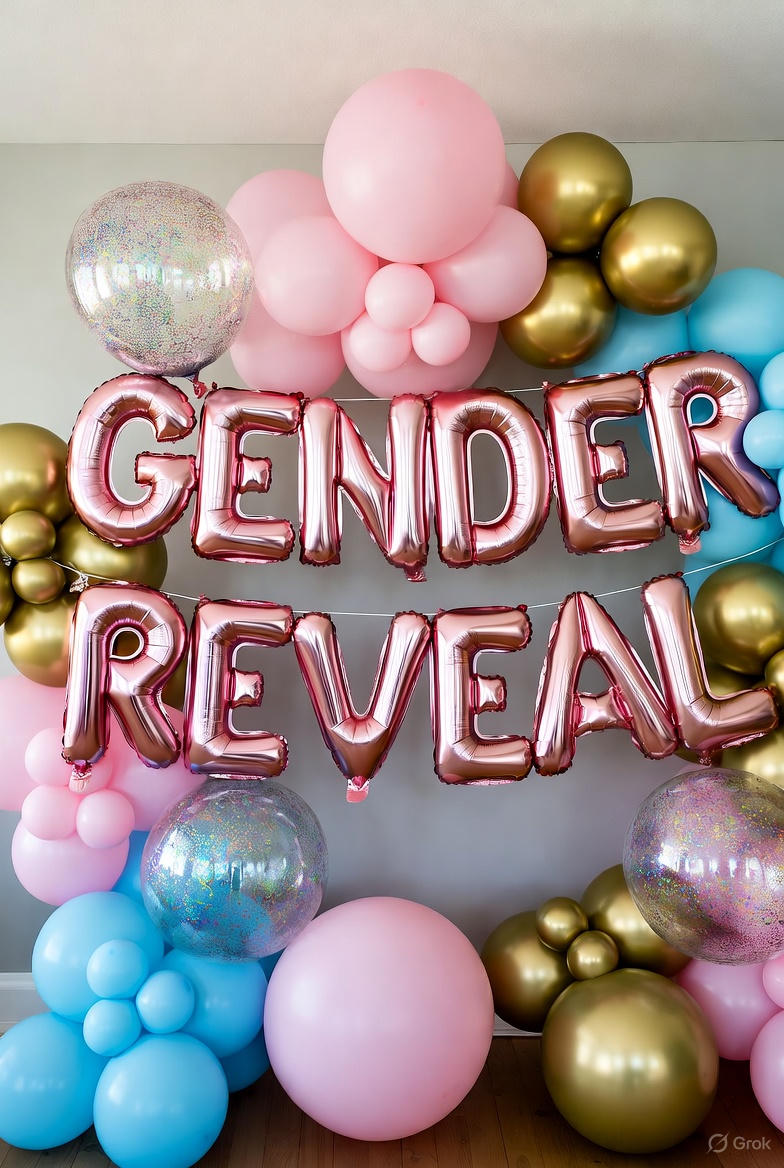 Pink, blue, and gold balloon display featuring Gender Reveal letter balloons