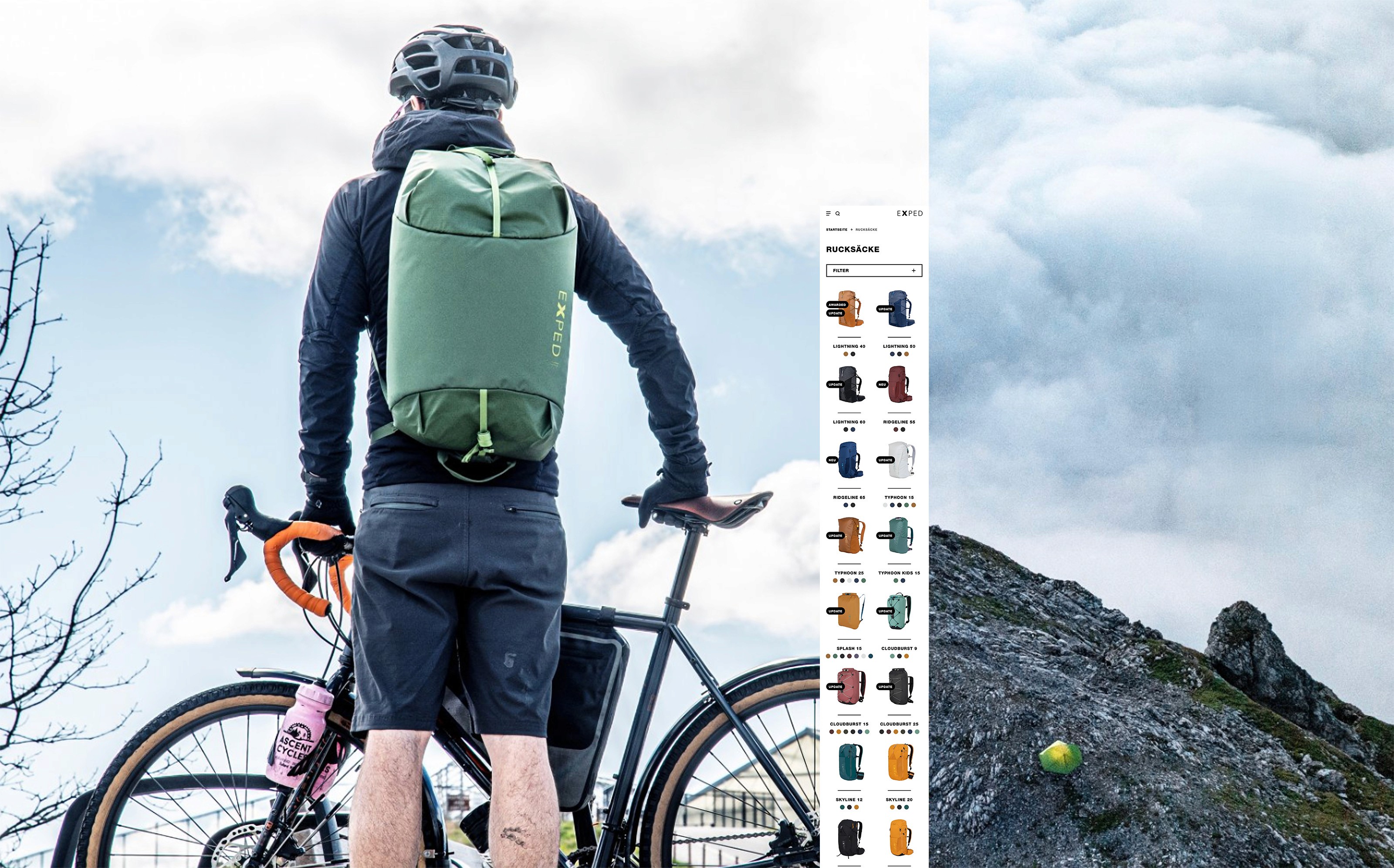Ein Mann mit Velo und Rucksack steht vor einem bewölkten Himmel. Rucksäcke reihen sich in einem Screen-Ausschnitt aneinander. In einem weiteren Bildausschnitt sieht man ein Zelt in einer bergigen Gegend eingebettet.