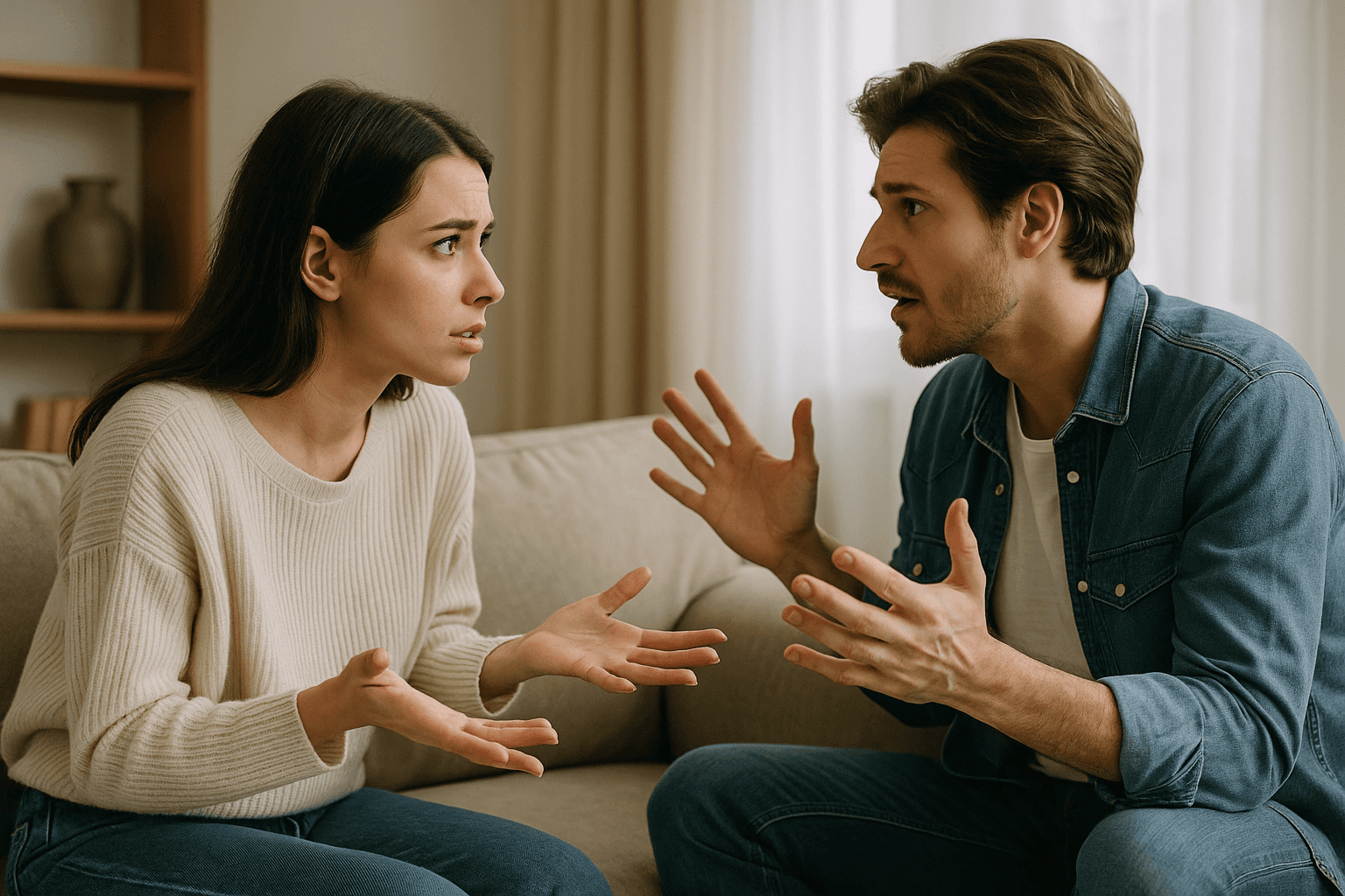 Pareja sentada en un sofá en un entorno hogareño, dialogando de manera calmada.