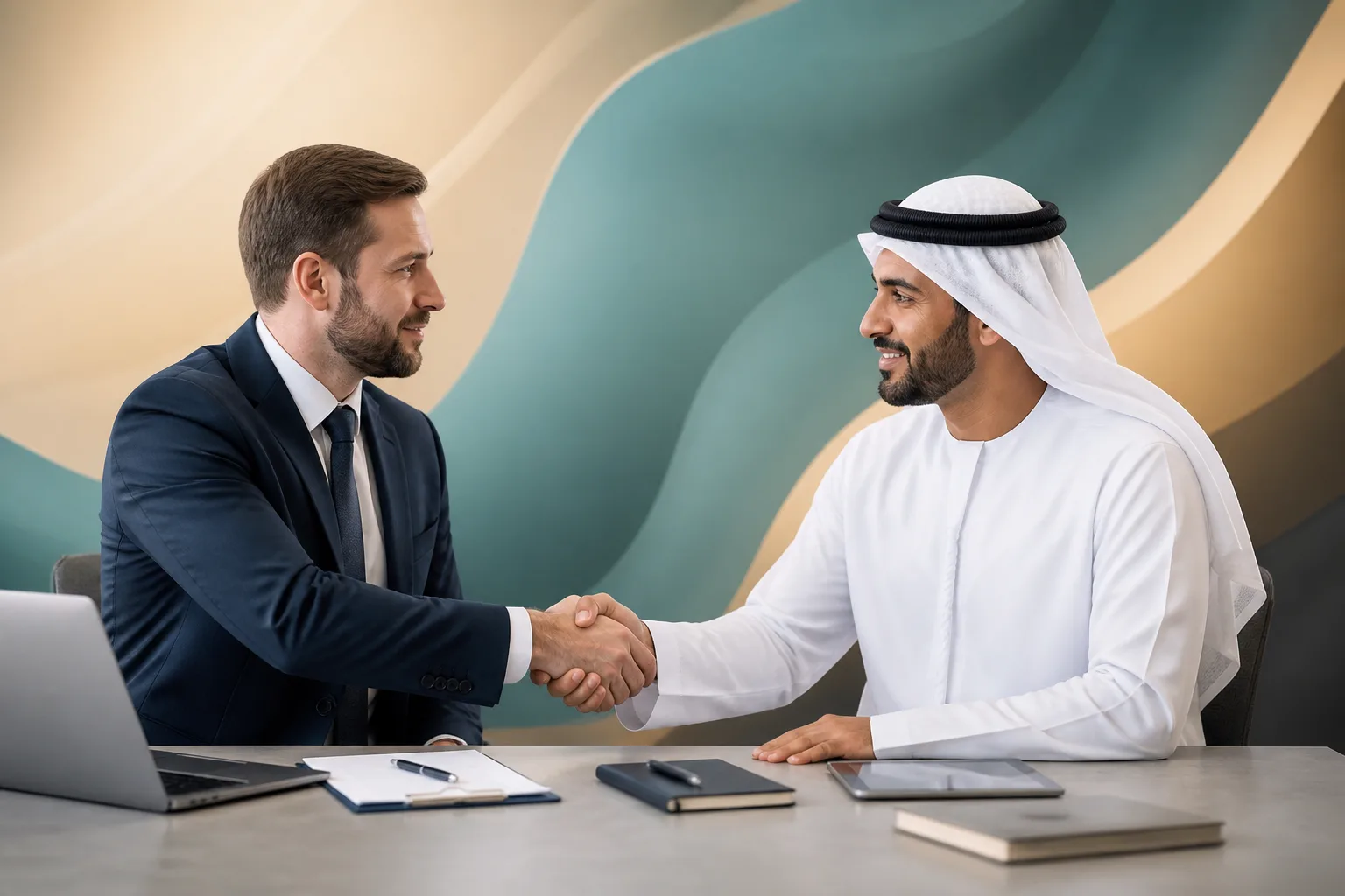 B2B Trading Company Setup in Dubai beside a Dubai trade license document and a modern