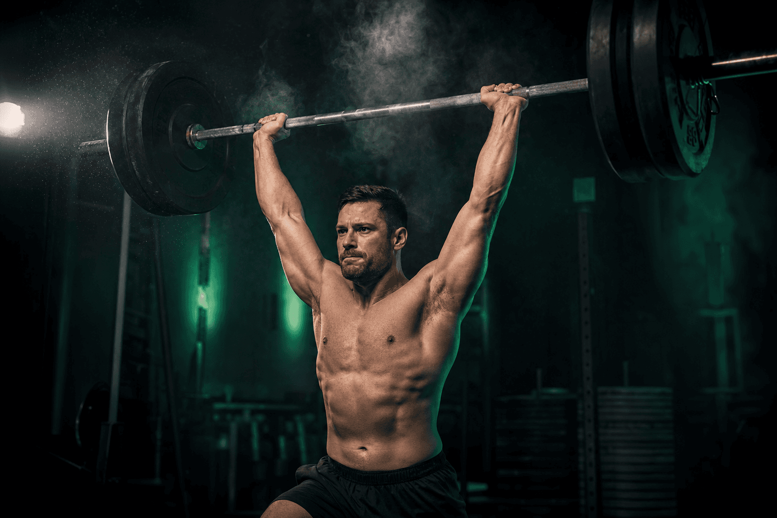 Lifter performing a heavy barbell overhead press in a moody gym, illustrating compound work on push and upper days
