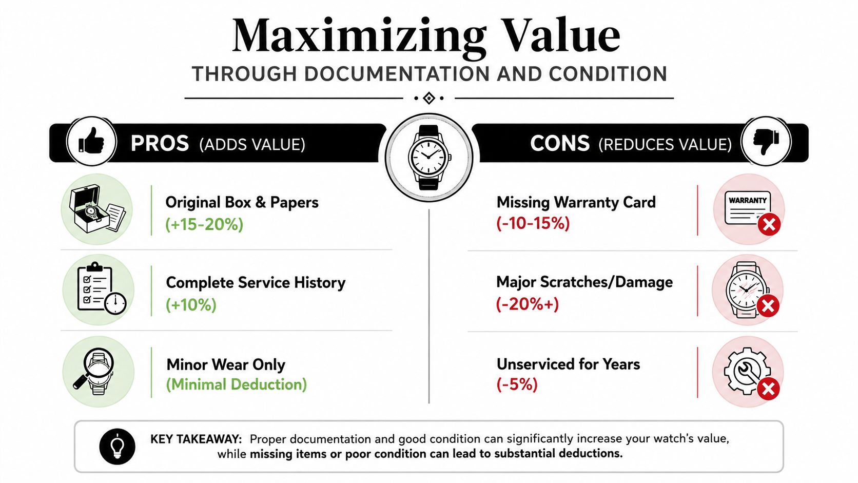 An infographic illustrating how documentation and watch condition impact the resale value of a luxury timepiece.