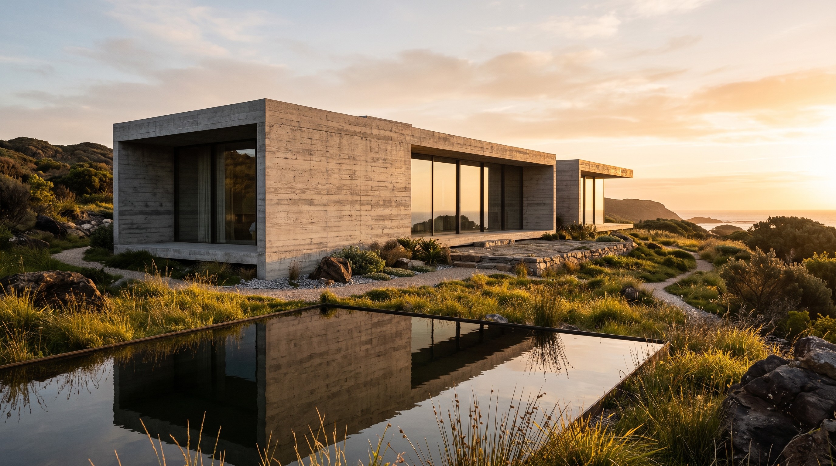 A concrete retreat at golden hour