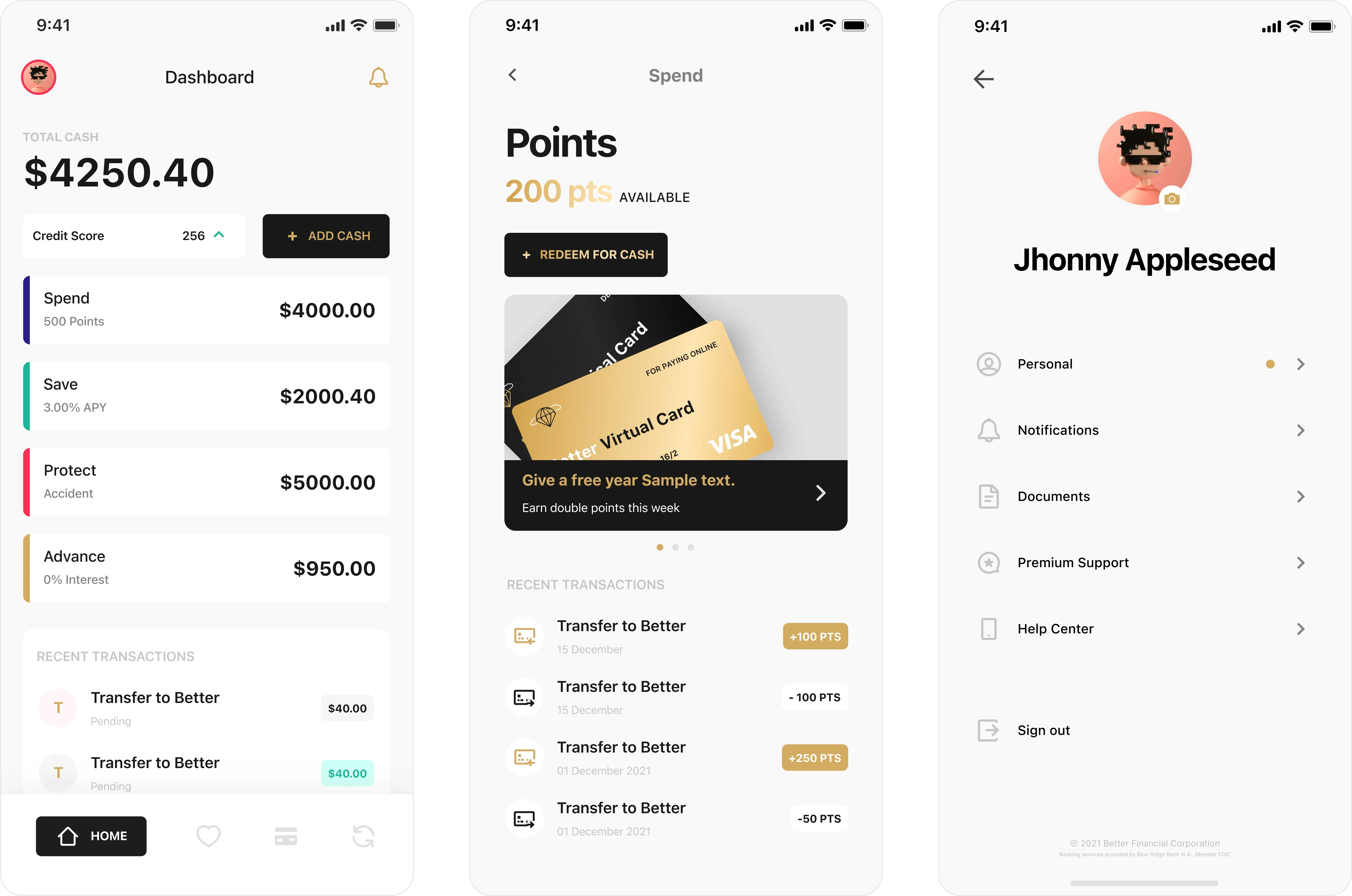 Three BetterBank mobile app screens showing the updated fintech UI. The first screen displays the dashboard with total cash, Spend, Save, Protect, and Advance balances, plus recent transactions. The second screen shows the Spend points page with 200 points available, a Better Virtual Card promo, and points transaction history. The third screen shows the user profile with settings for personal info, notifications, documents, premium support, help center, and sign out. Modern mobile banking app design.