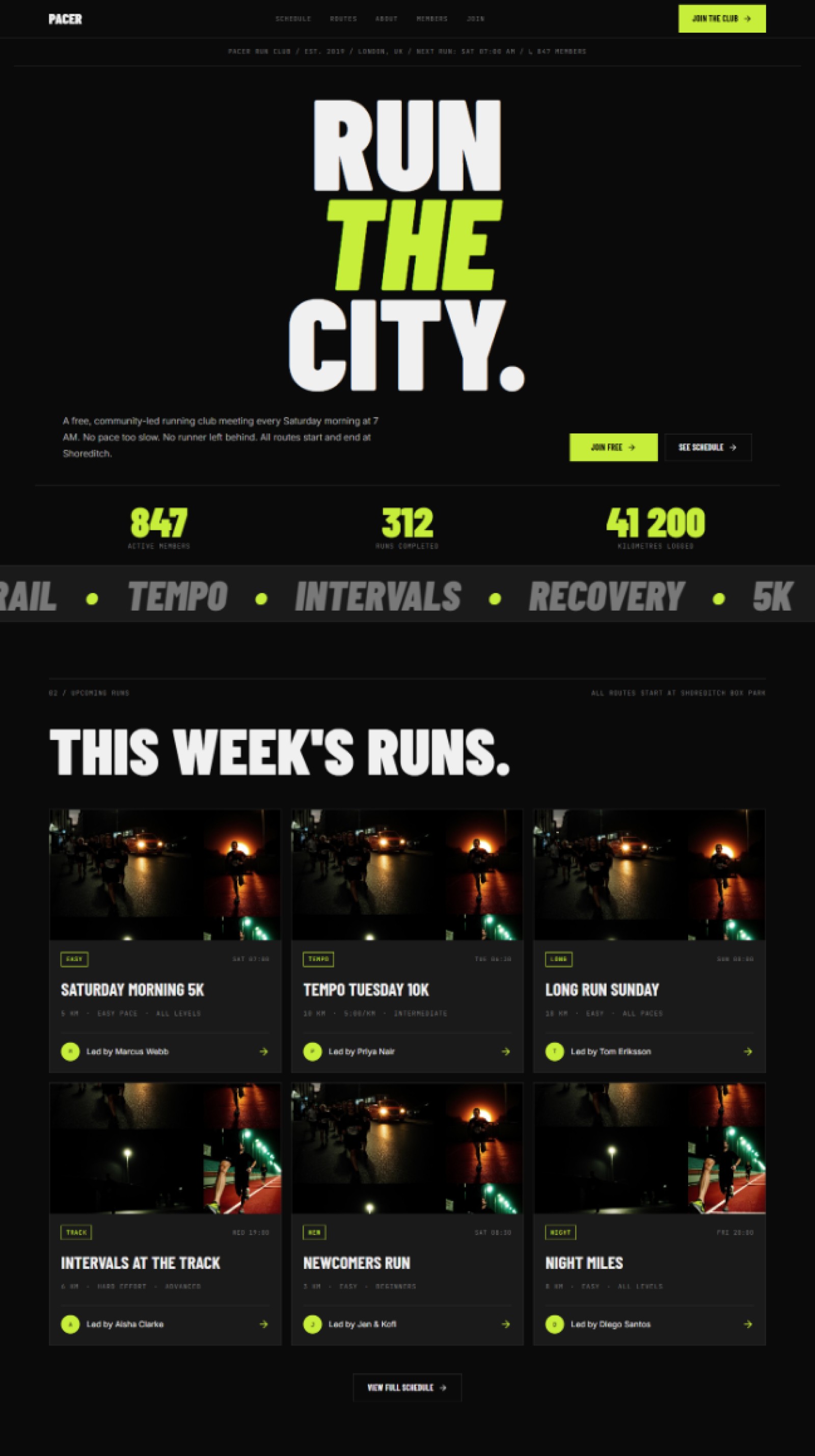 Run club website prompt — dark athletic design preview